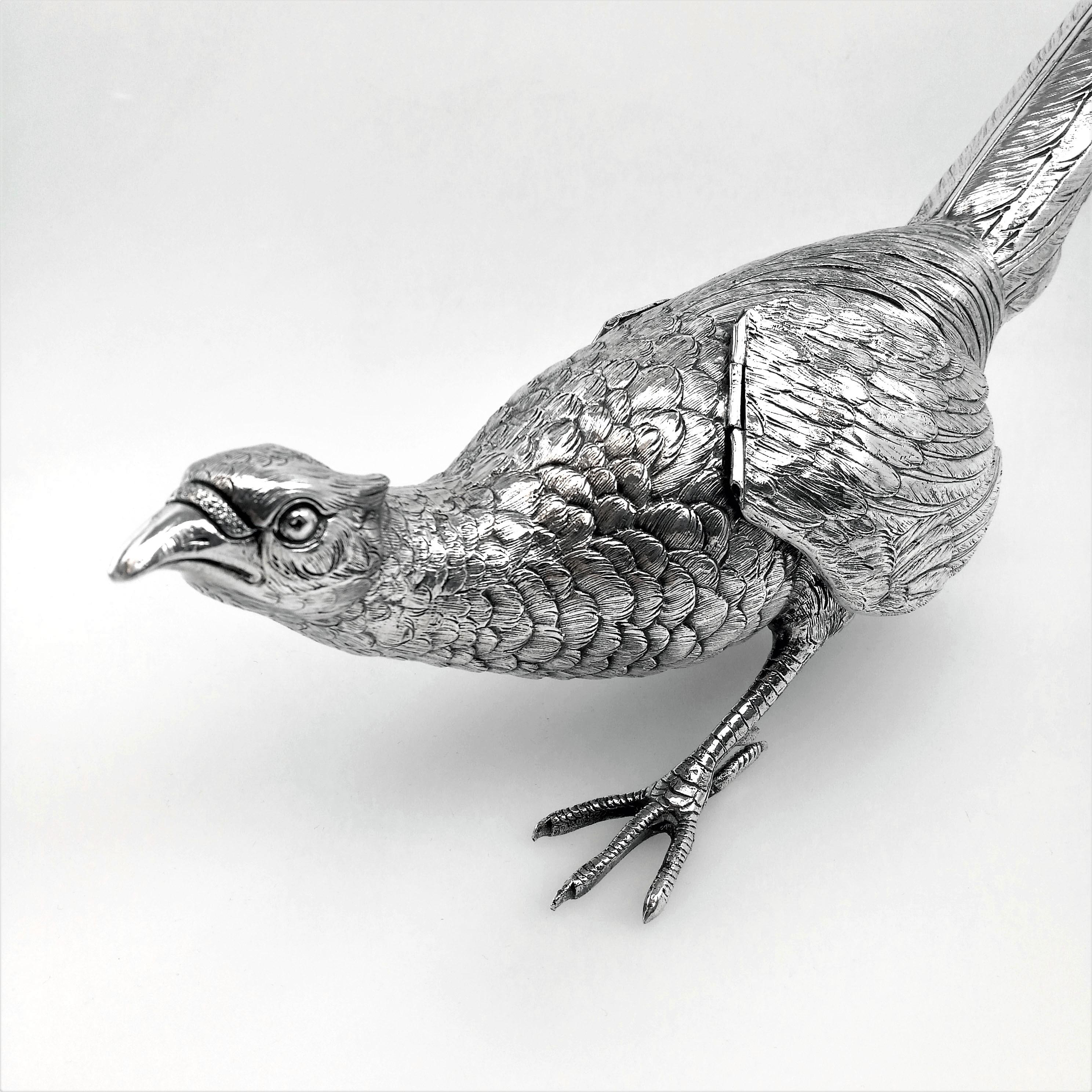 Pair of Solid Silver Pheasants Model Figure Statue German Birds, circa 1890 3