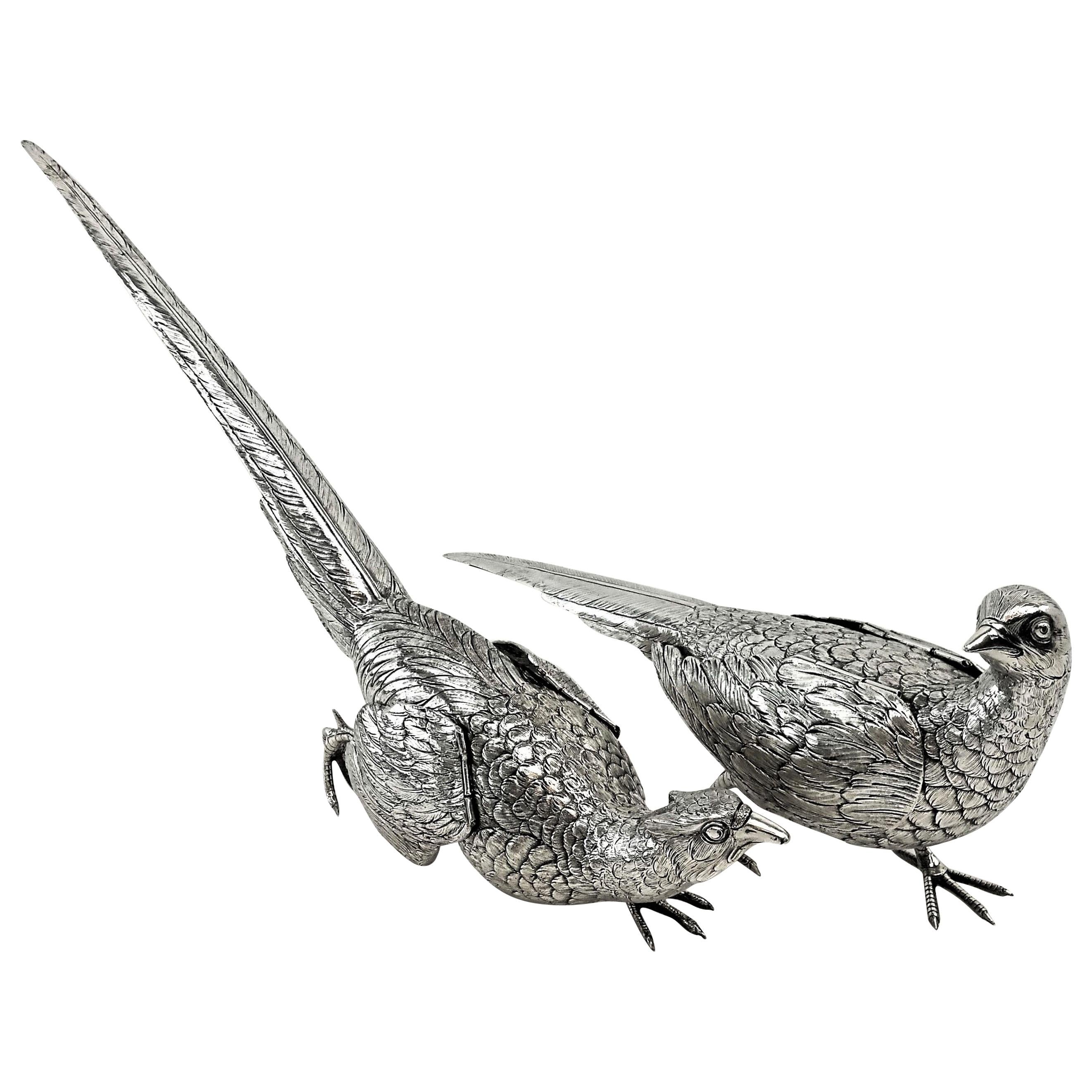 Pair of Solid Silver Pheasants Model Figure Statue German Birds, circa 1890