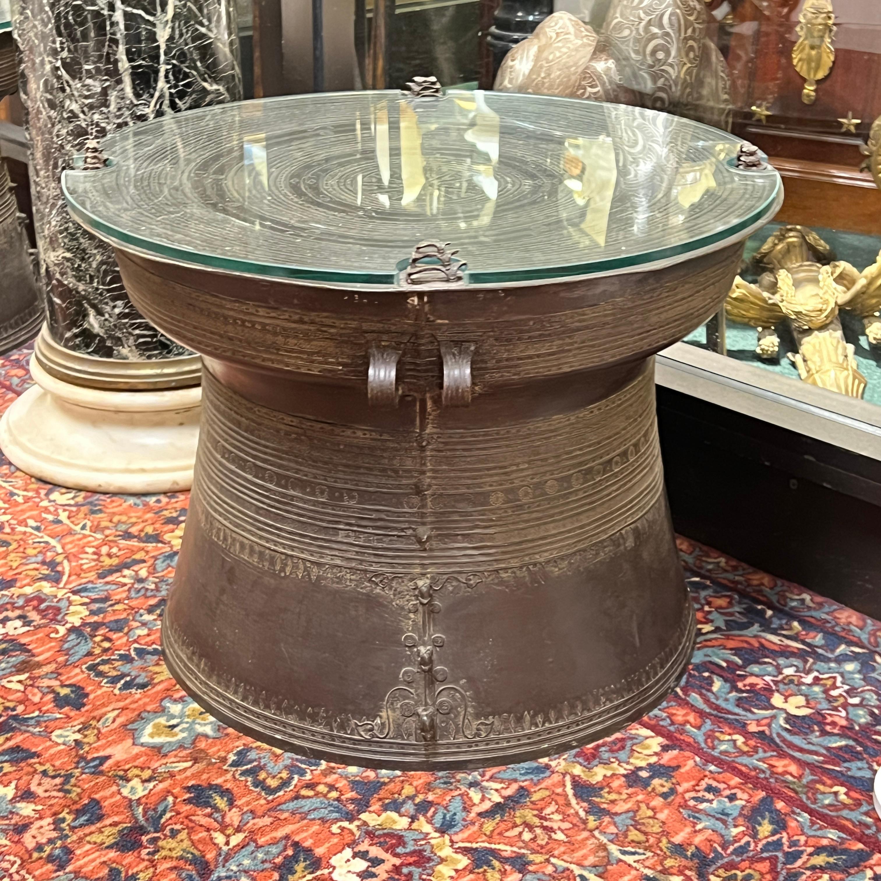 Pair Antique Southeast Asian Bronze Rain Drum Tables with Glass Tops For Sale 5