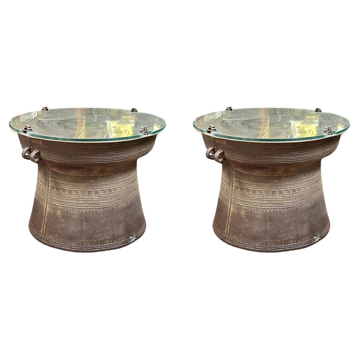 Pair Antique Southeast Asian Bronze Rain Drum Tables with Glass Tops