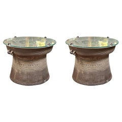 Pair Antique Southeast Asian Bronze Rain Drum Tables with Glass Tops