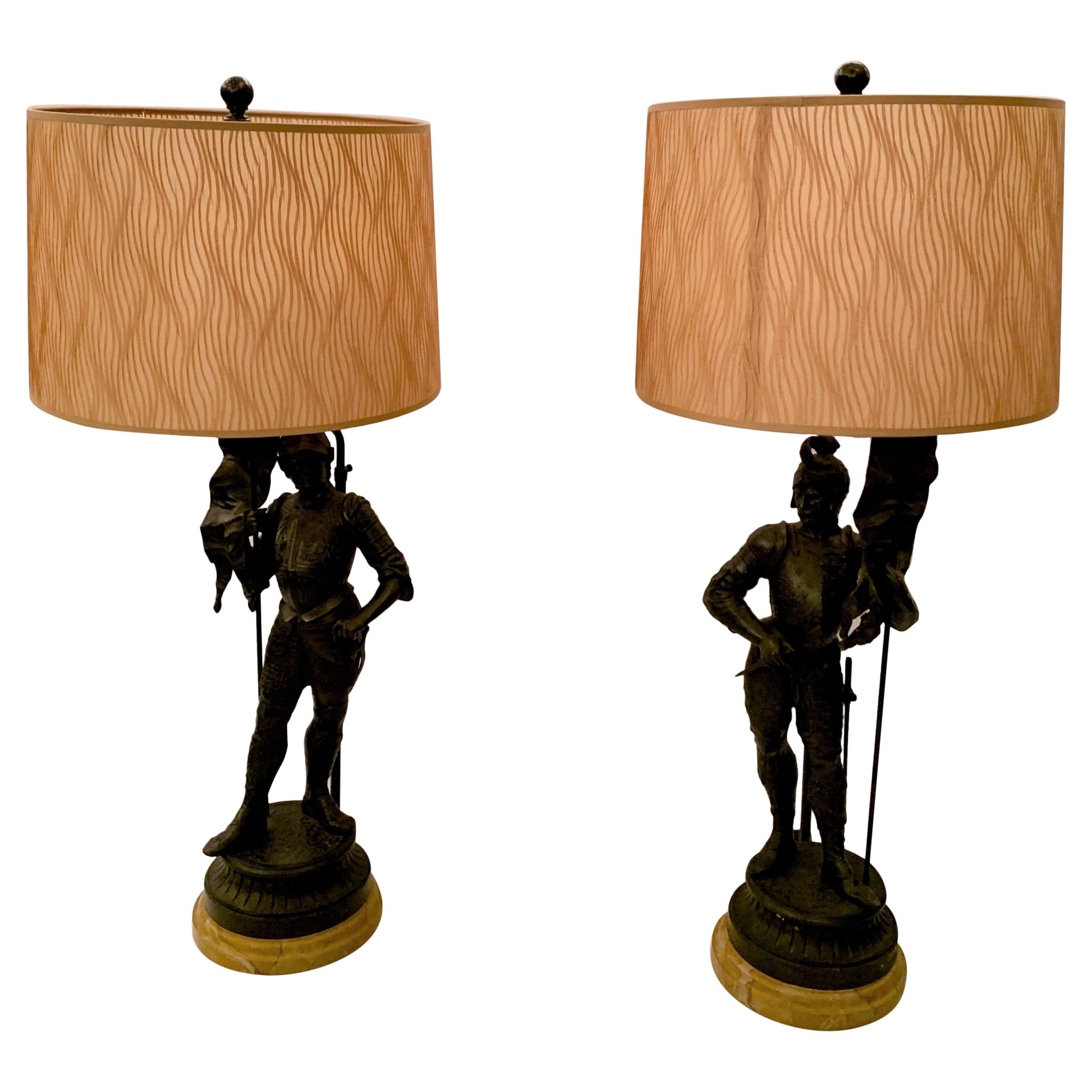 Pair Antique Spelter Metal "Conquistador" Lamps with New Shades, Circa 1900-1910