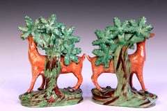 Pair Antique Staffordshire Deer Pottery Figures Bocage 19th Century English