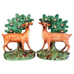 Pair Antique Staffordshire Deer Pottery Figures Bocage 19th Century English
