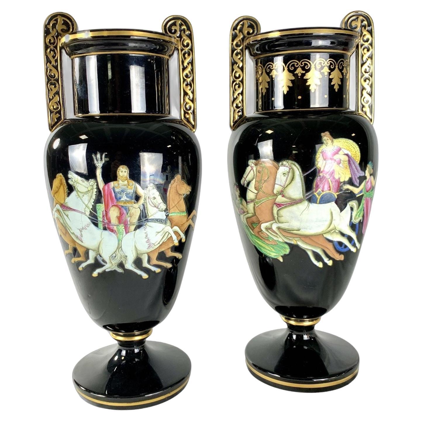 Pair Antique Staffordshire Pottery Vases Zeus & Hera with Chariots Circa 1880