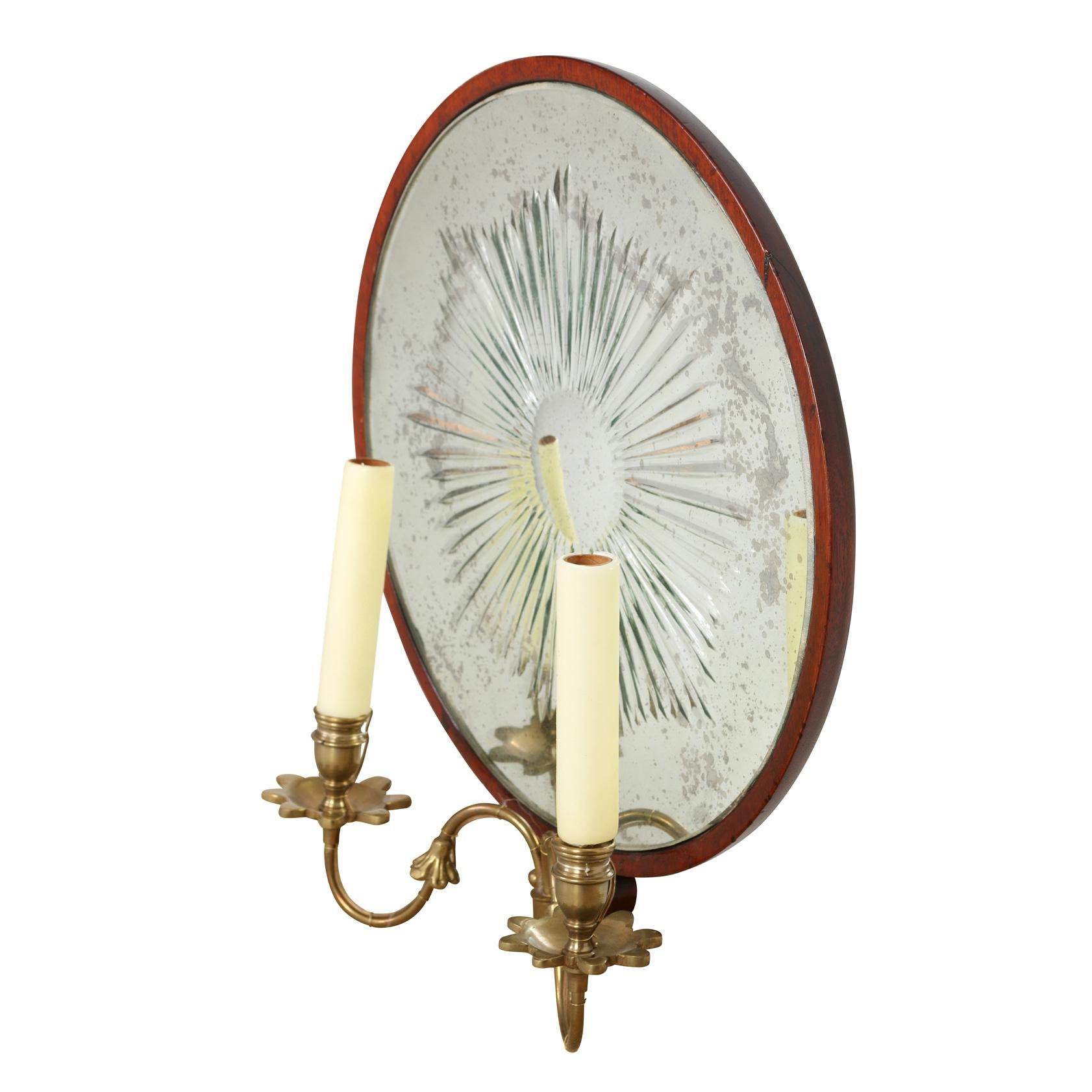 Pair Antique Starburst Mirror Back Two Arm Sconces In Good Condition For Sale In Locust Valley, NY