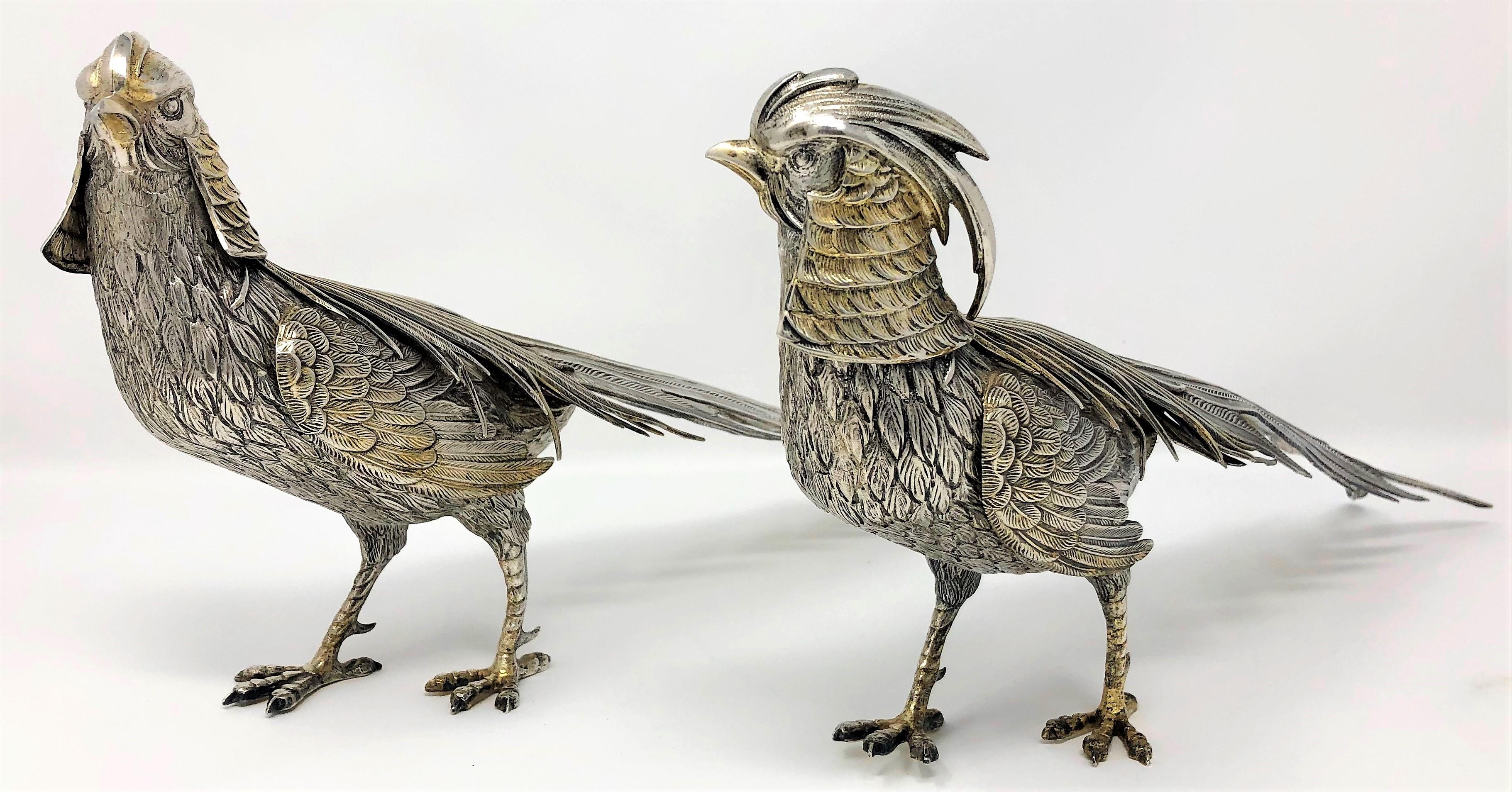 Pair of antique sterling silver Chinese golden pheasants, circa 1920-1930.