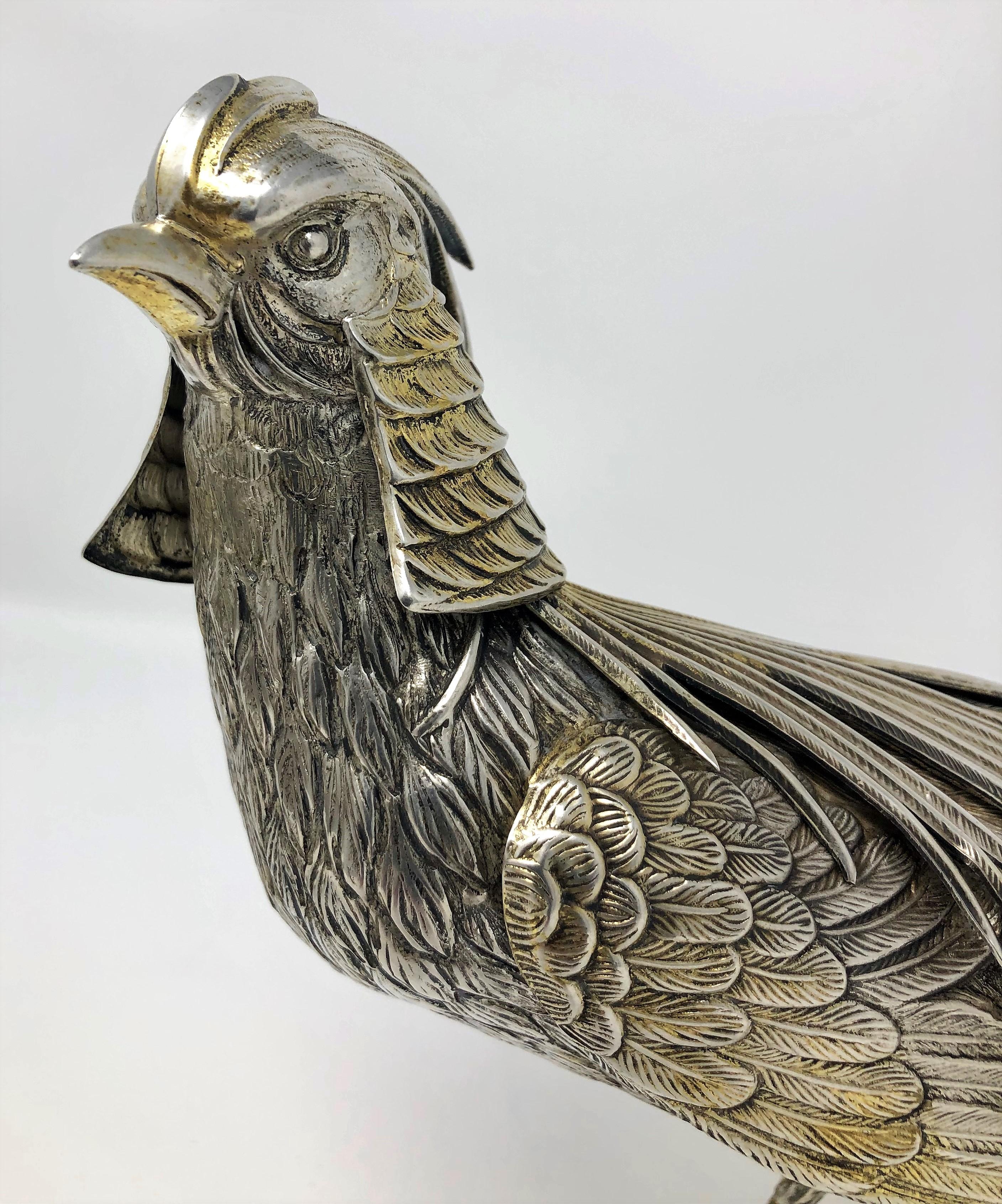 Austrian Pair of Antique Sterling Silver Chinese Golden Pheasants, circa 1920-1930