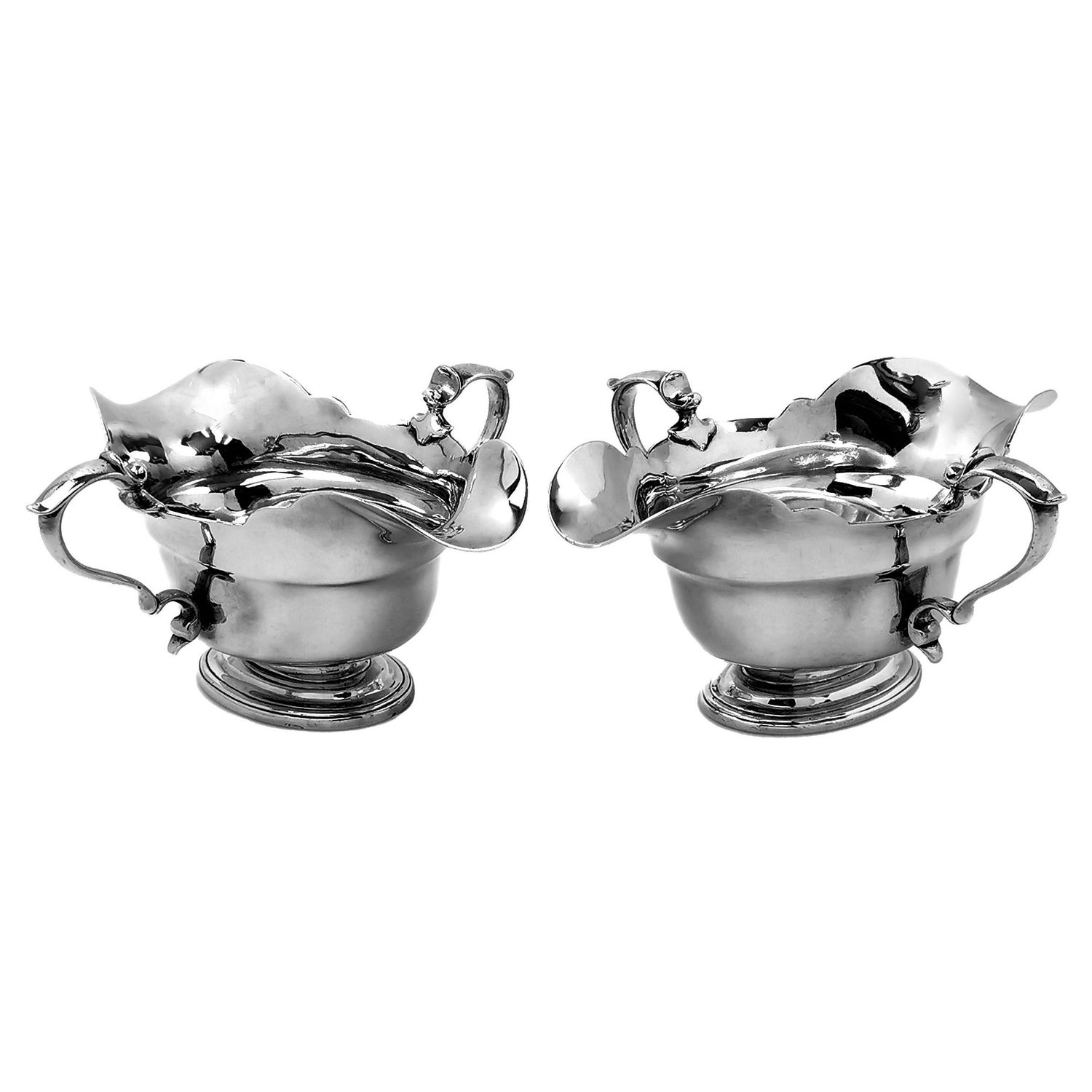 Pair Antique Sterling Silver Double Lipped Sauce Boats / Gravy Jugs 1908 / 9