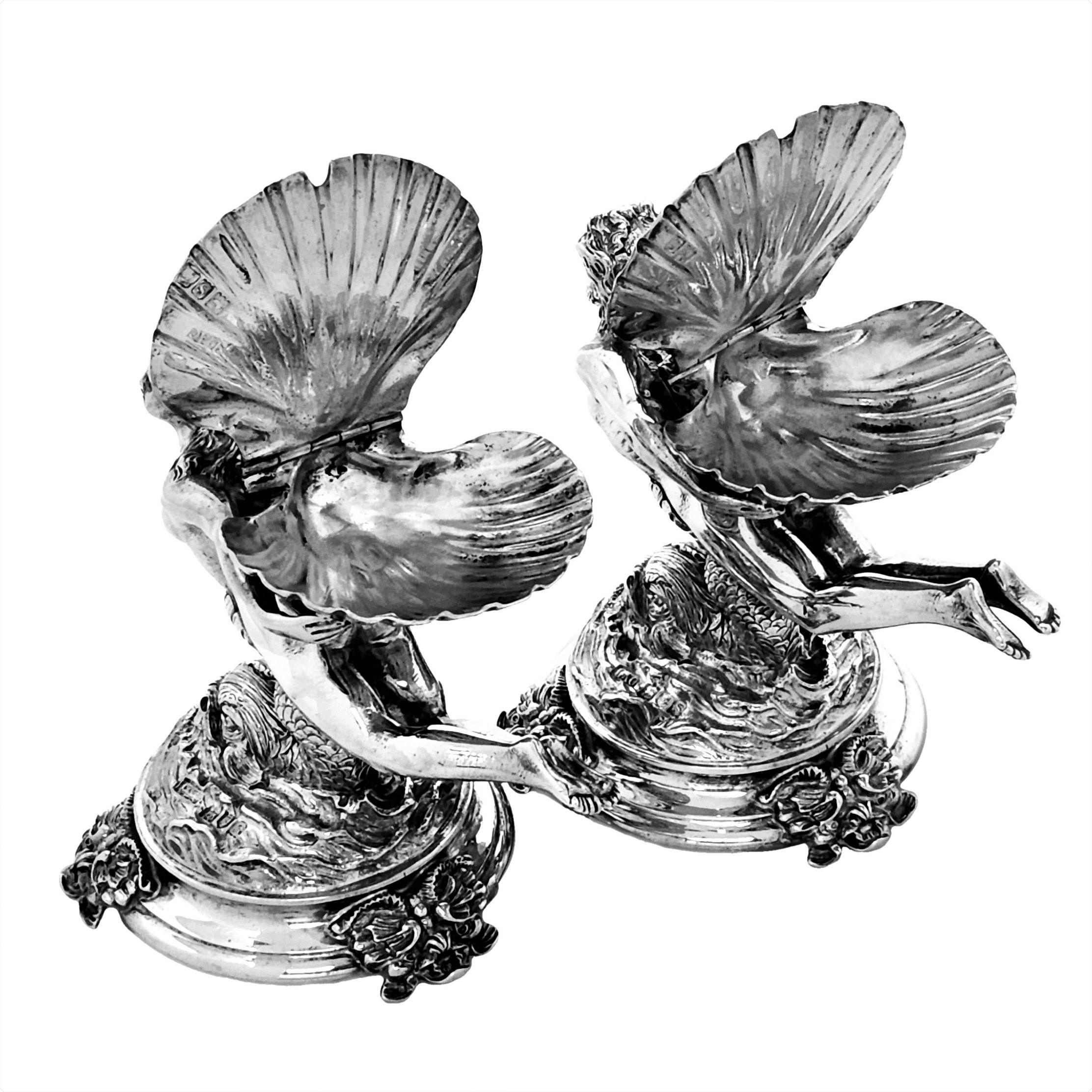 English Pair Antique Sterling Silver Figural Covered Shell Salts, 1913