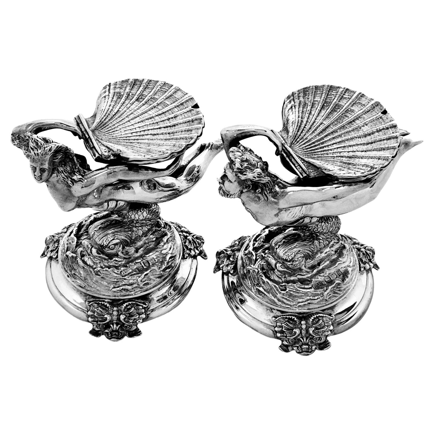 Pair Antique Sterling Silver Figural Covered Shell Salts, 1913
