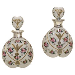 Pair Antique Sterling Silver Heart Shape Opalescent Glass Table Scent Bottles