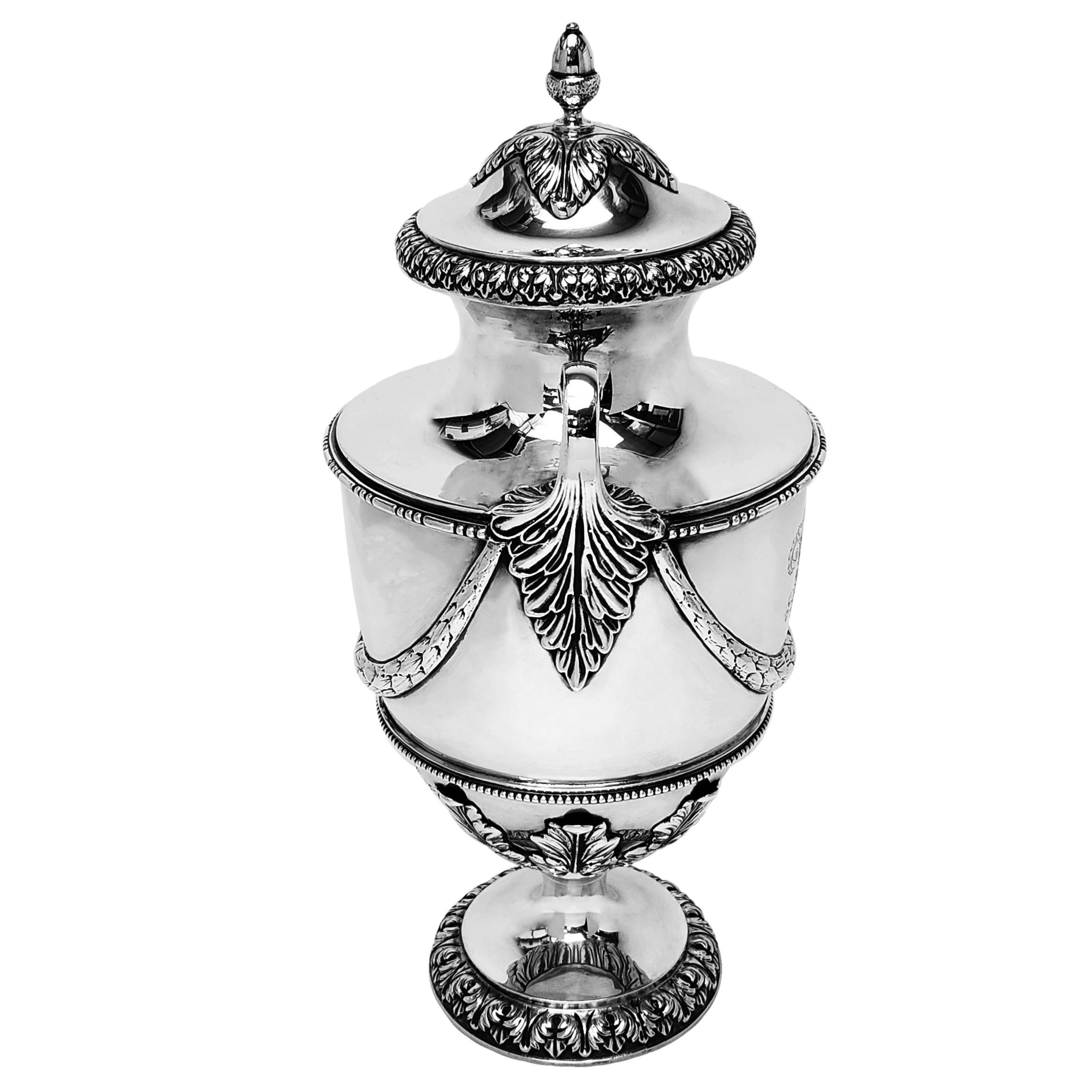 English Pair Antique Sterling Silver Lidded Vases / Urns London, England 1901 For Sale