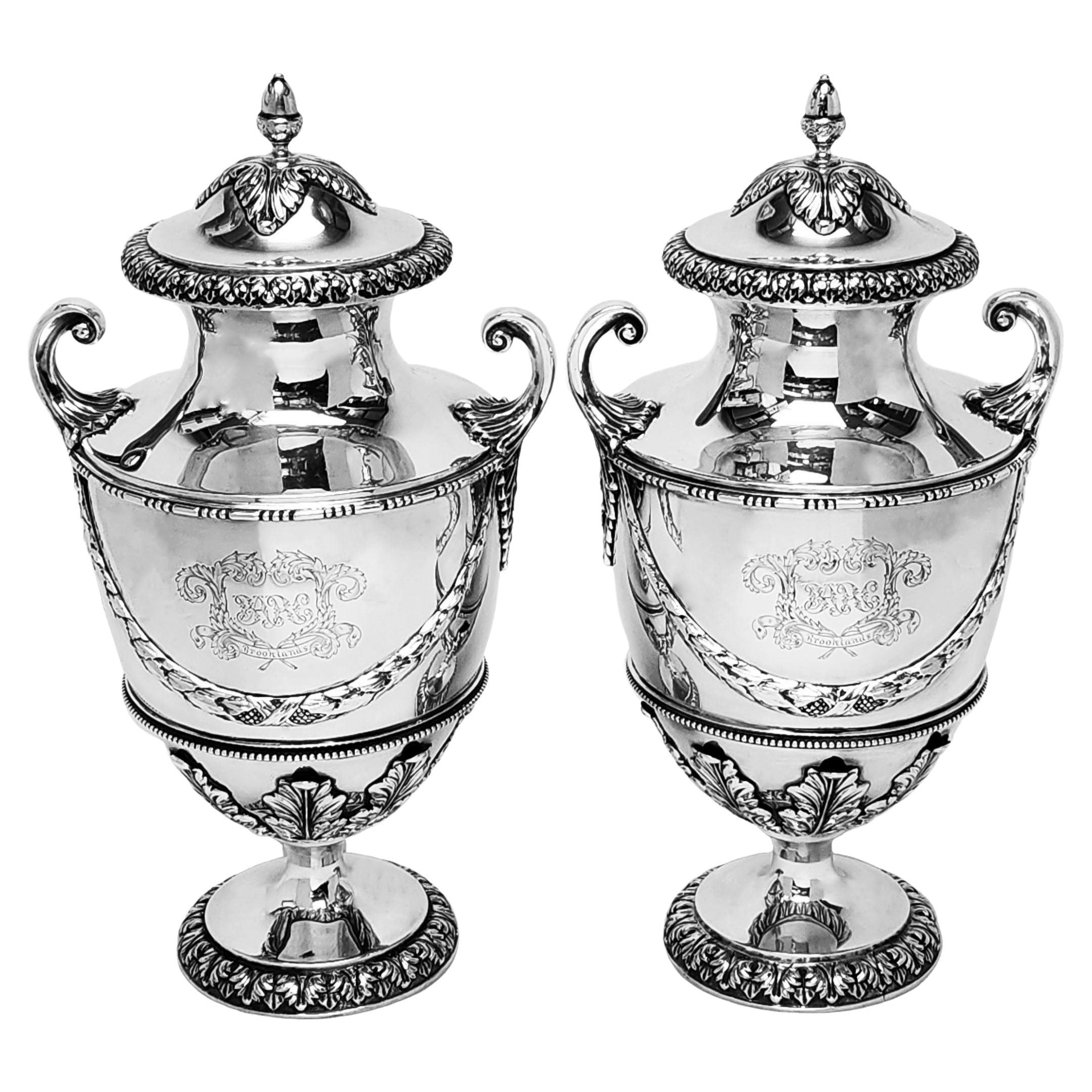 Pair Antique Sterling Silver Lidded Vases / Urns London, England 1901