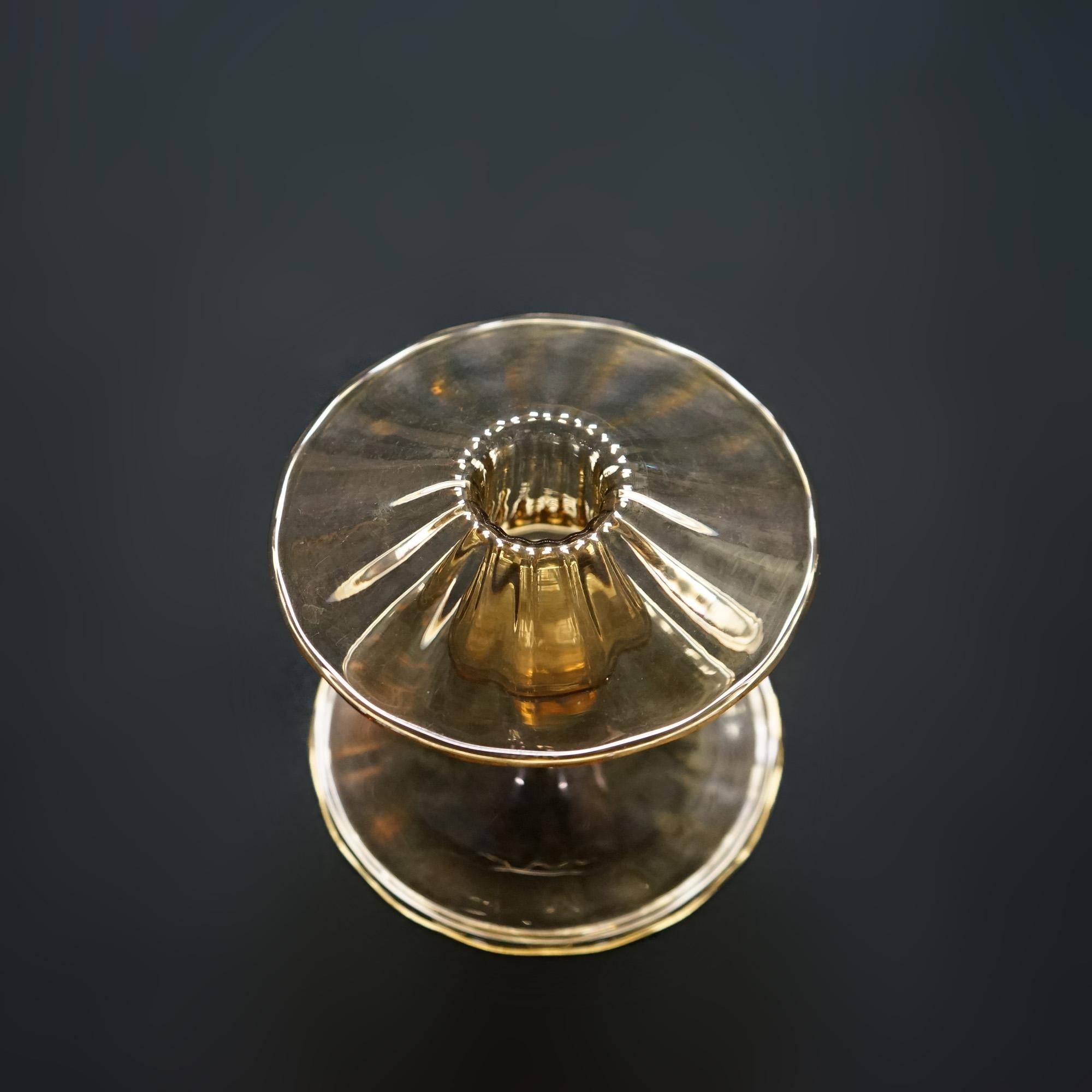 Pair Antique Steuben Amber Art Glass Squat Candlesticks circa 1920 5