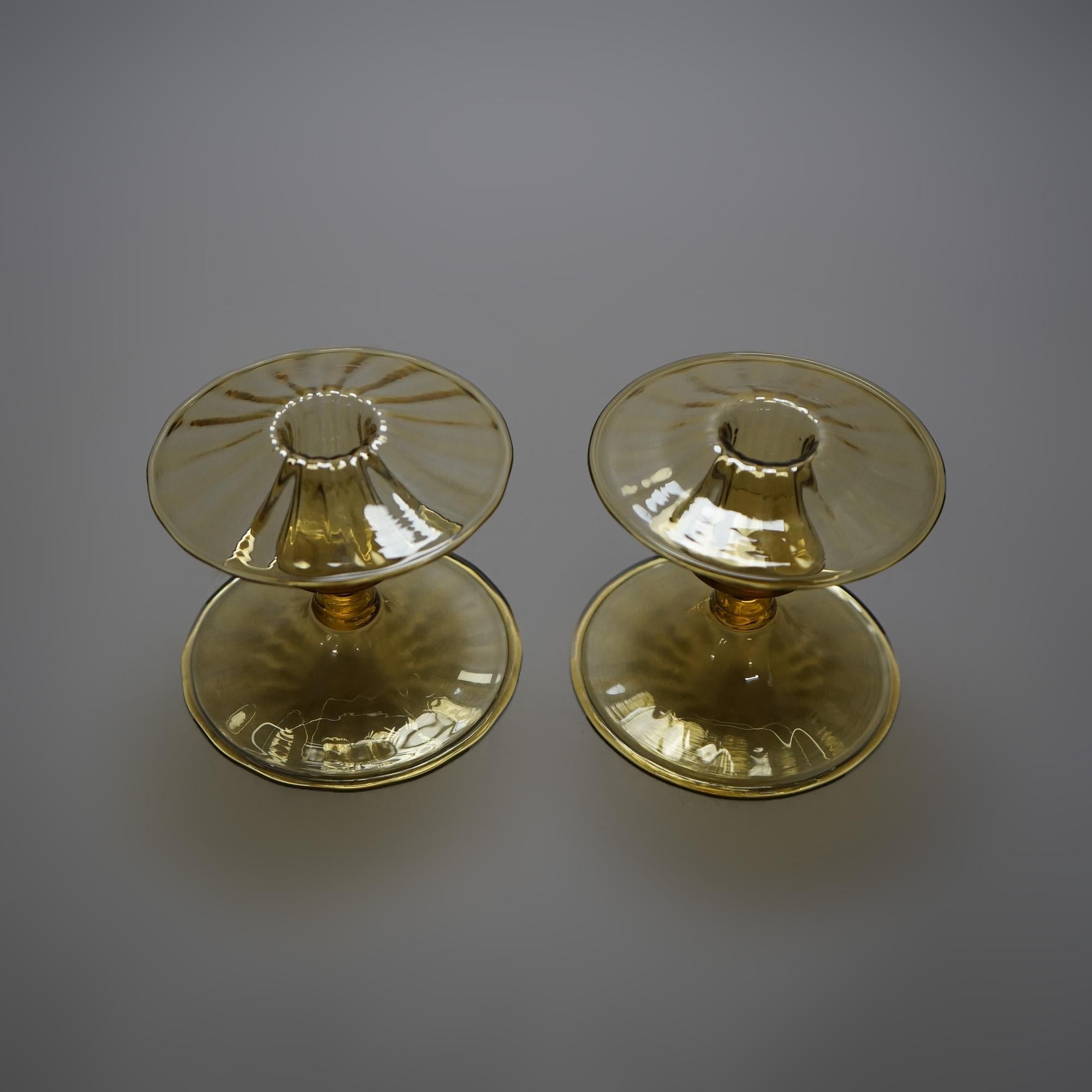 American Pair Antique Steuben Amber Art Glass Squat Candlesticks circa 1920