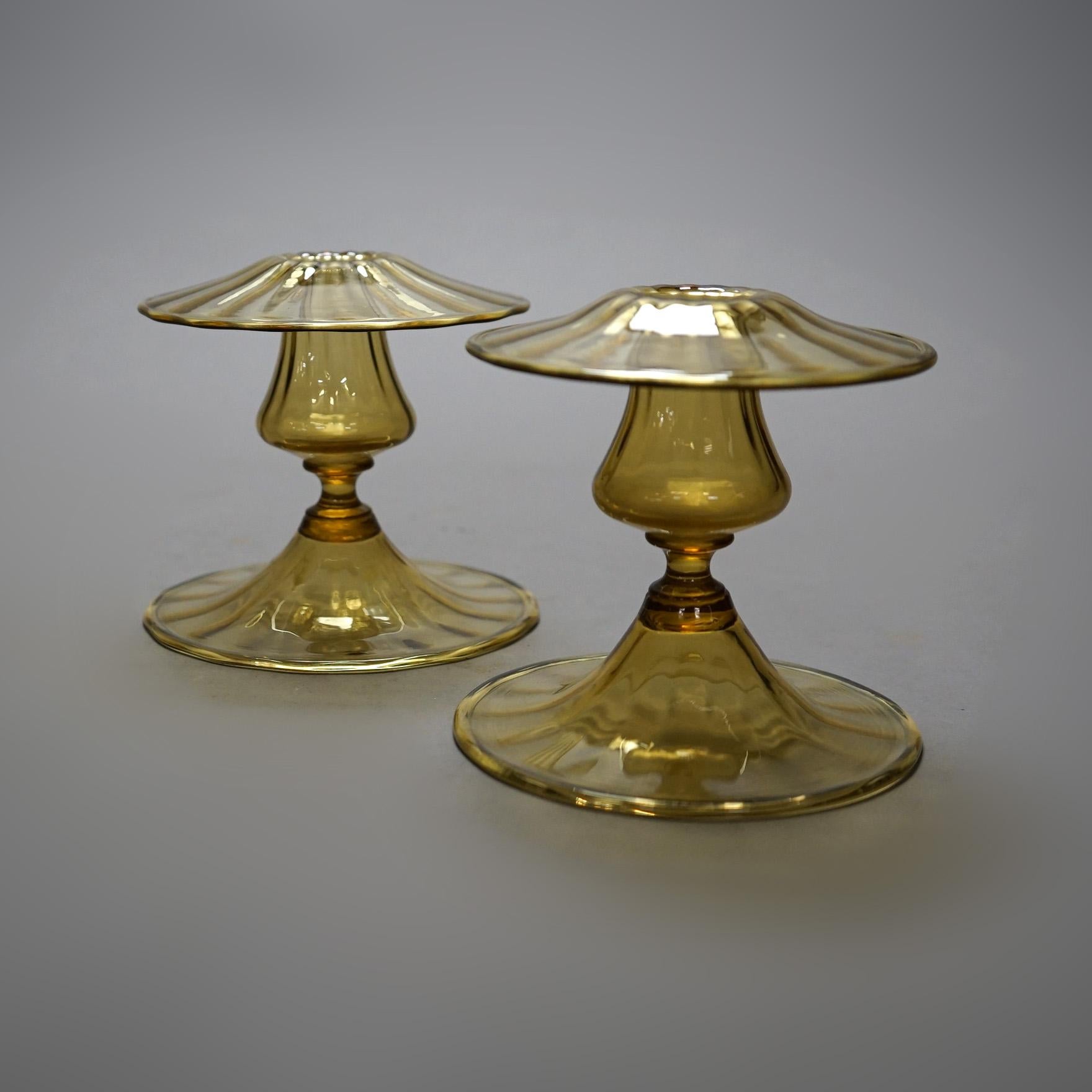Pair Antique Steuben Amber Art Glass Squat Candlesticks circa 1920 In Good Condition In Big Flats, NY