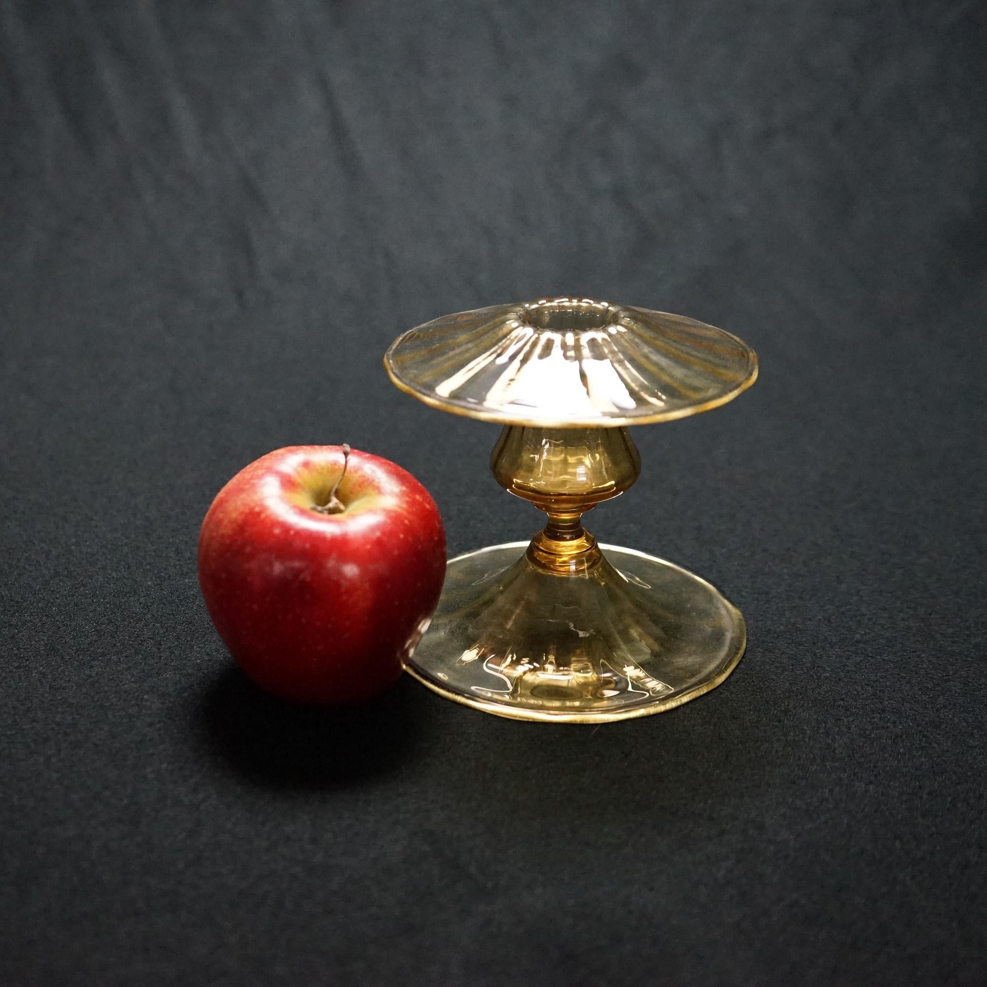 20th Century Pair Antique Steuben Amber Art Glass Squat Candlesticks circa 1920