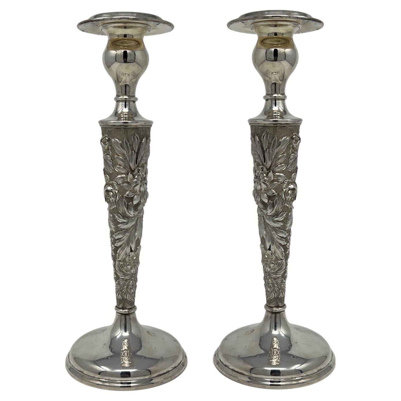 Pair Antique Stieff Sterling Repousse Candlesticks c 1890 For Sale