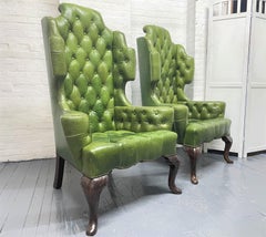 Pair Antique Style Tufted Leather Wingback Chairs