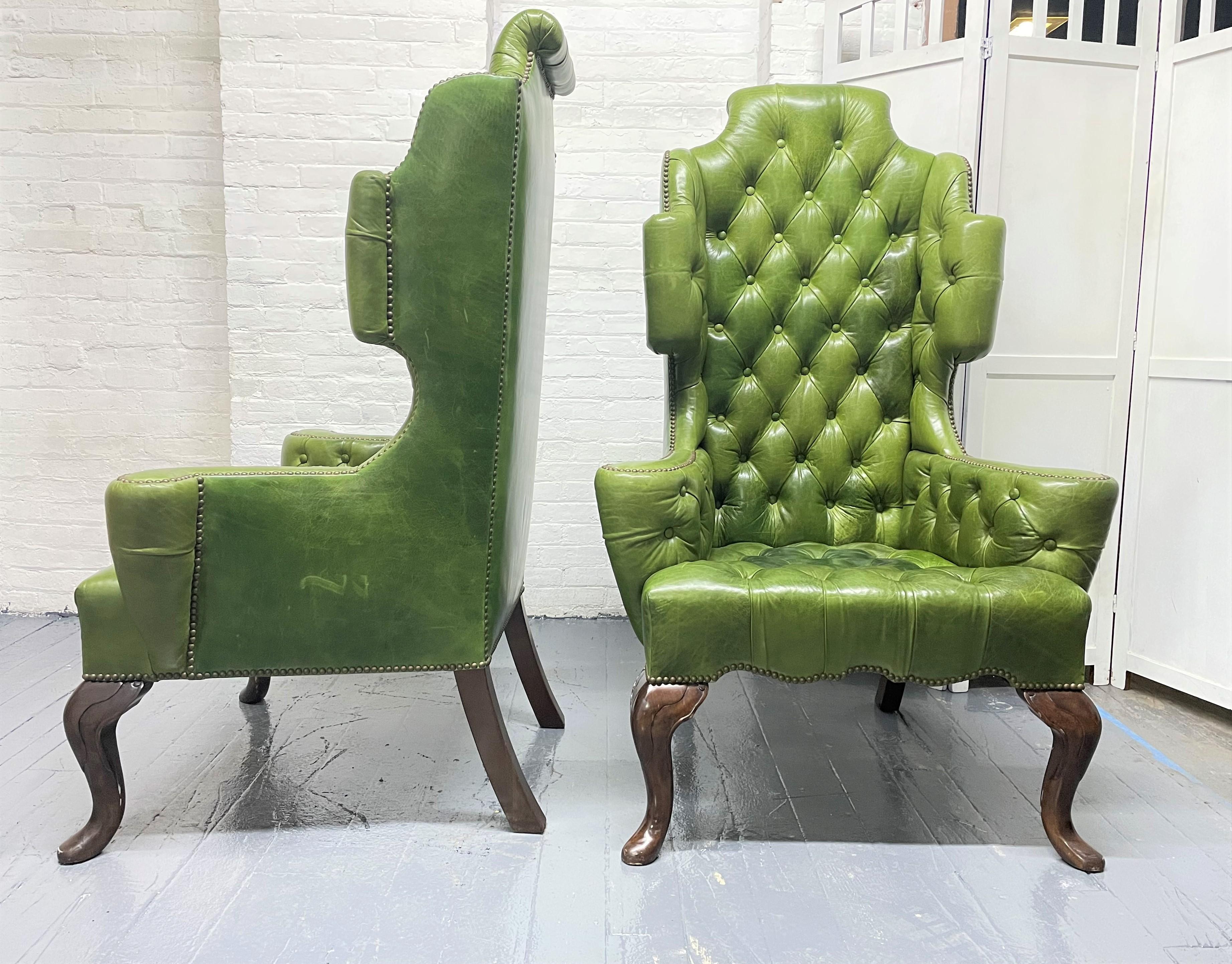 Queen Anne Pair Antique Style Tufted Leather Wingback Chairs For Sale
