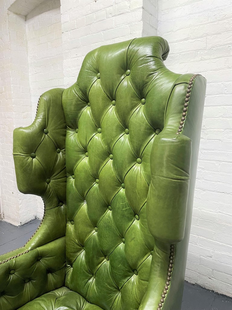 Pair Antique Style Tufted Leather Wingback Chairs For Sale at 1stDibs