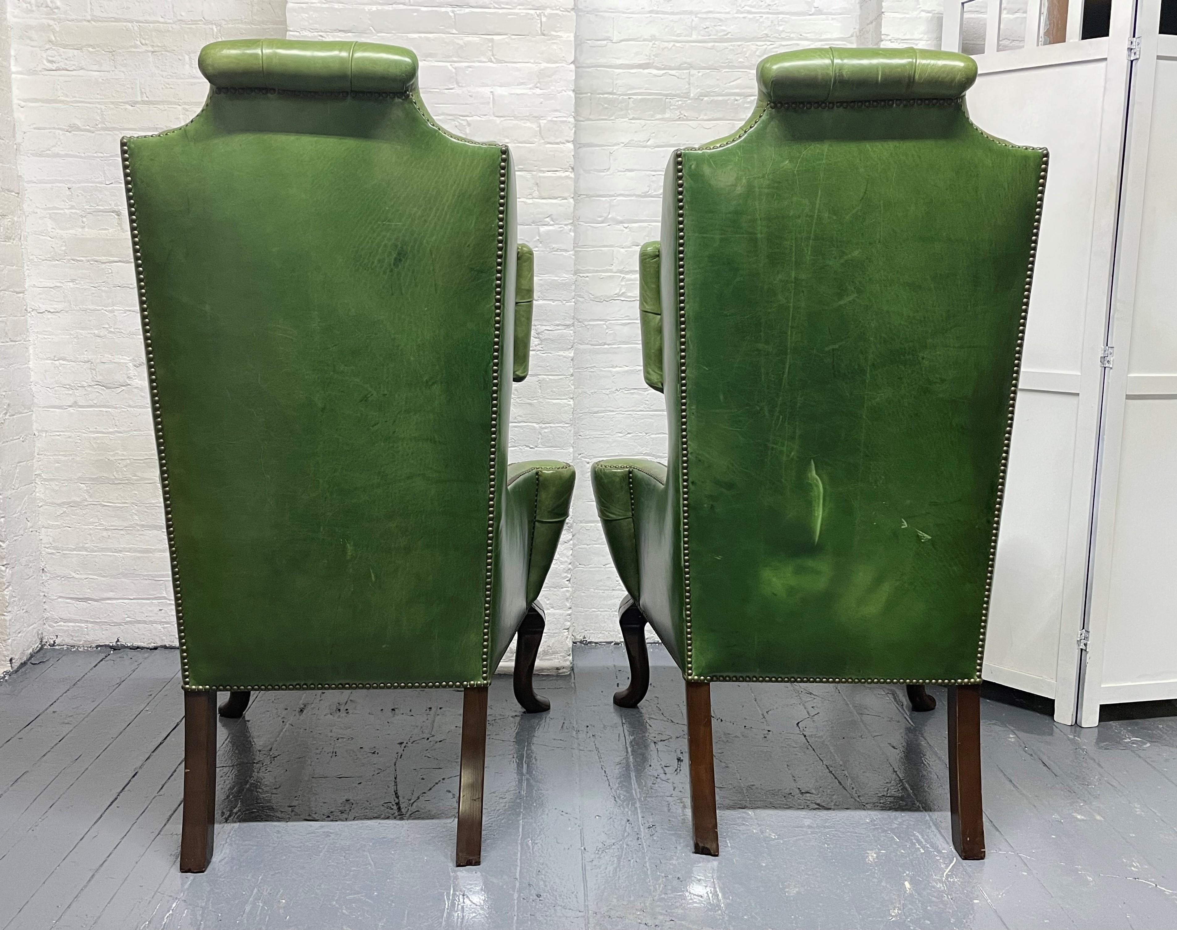 Pair Antique Style Tufted Leather Wingback Chairs For Sale 2