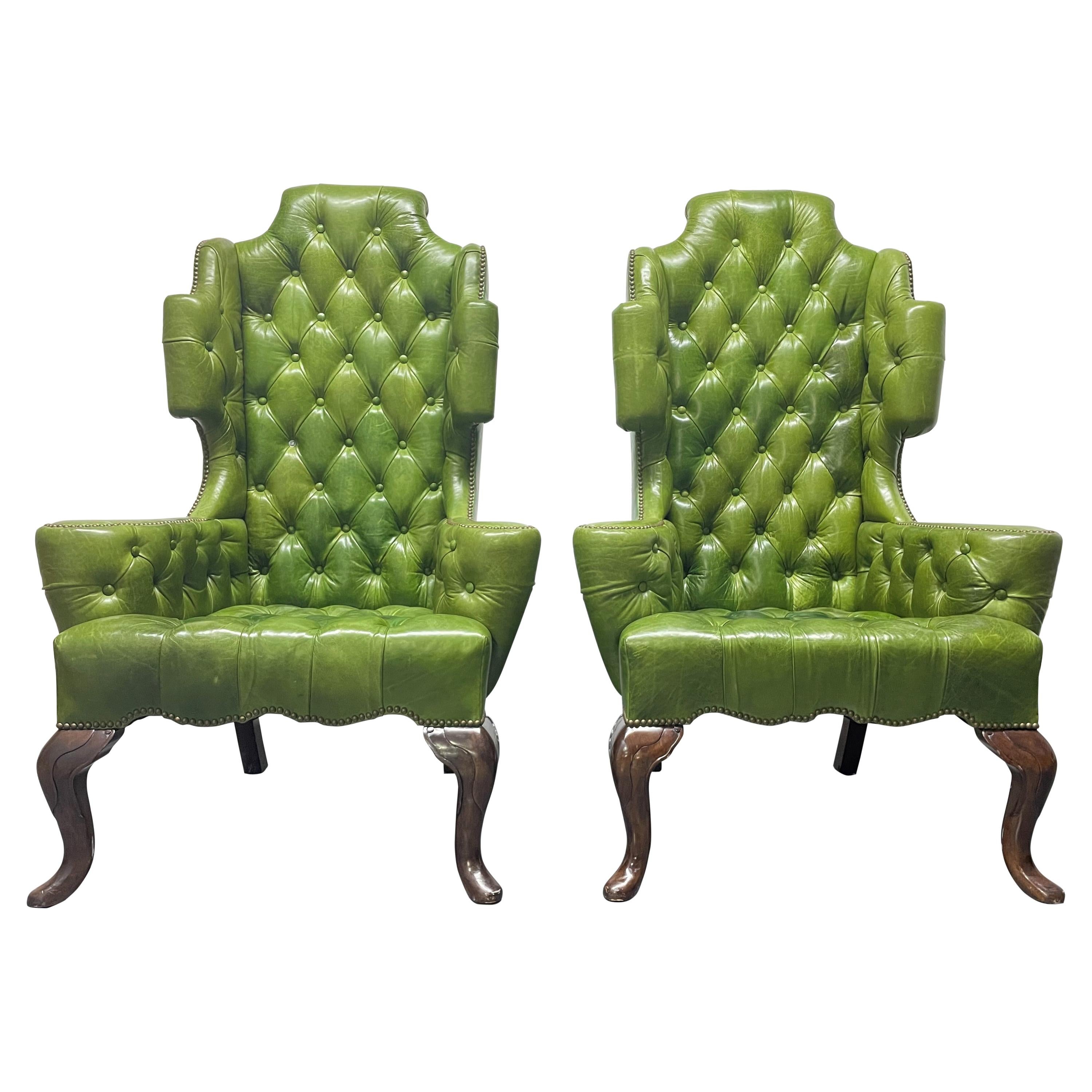 Pair Antique Style Tufted Leather Wingback Chairs For Sale