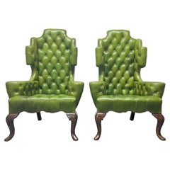 Pair Antique Style Tufted Leather Wingback Chairs