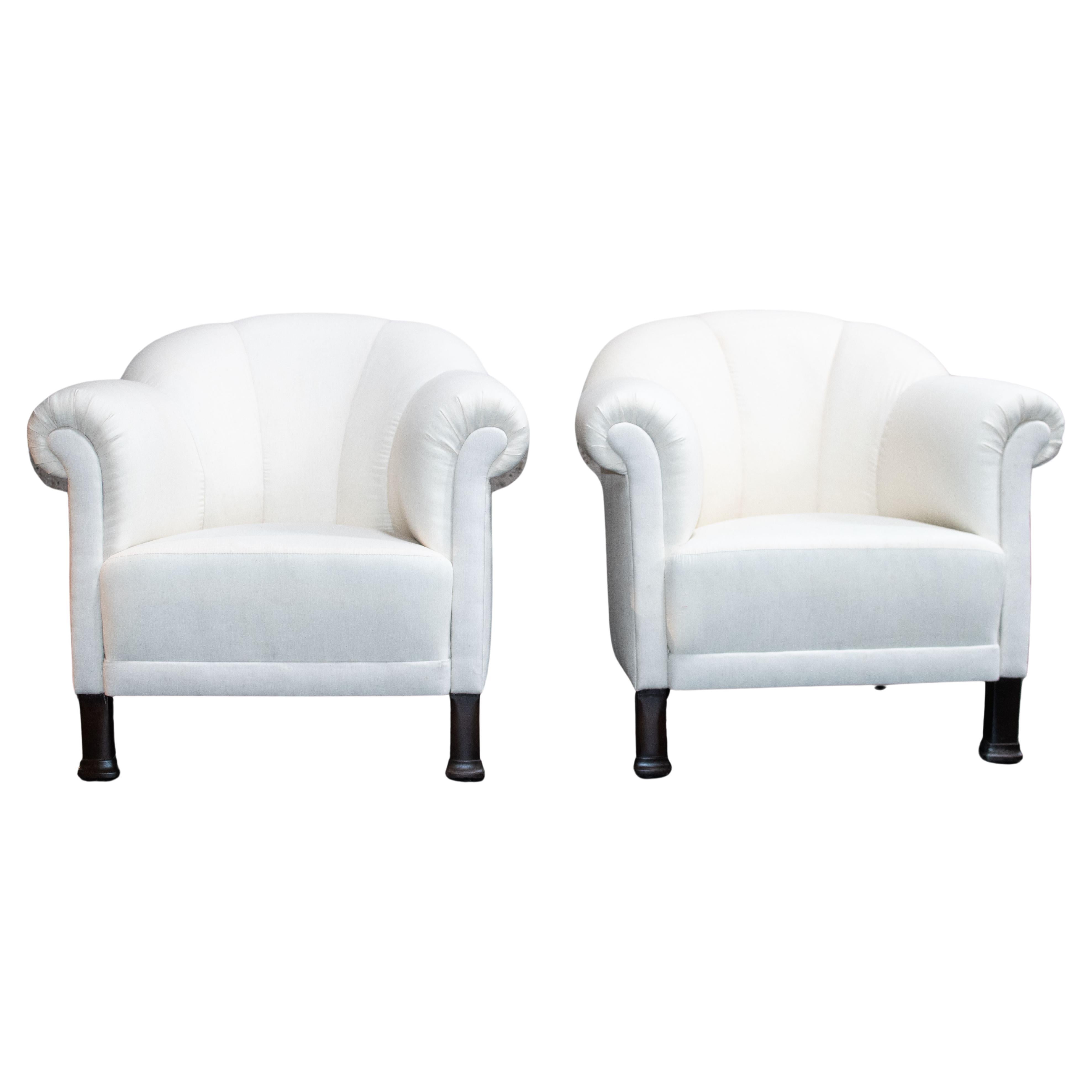 Pair Antique Swedish Art Deco Rolled Arm Club Chairs - COM Ready