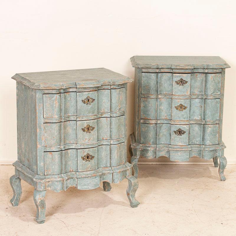 This stunning pair of small chest of drawers is a special find. The abbreviated size, curves and cabriole legs add to their appeal. Their unique size allows them to serve as an ideal pair of nightstands or alongside a sofa as striking end tables. It
