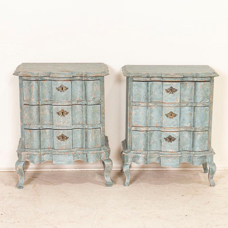 Danish Pair, Antique Swedish Blue Painted Chest of Drawers Nightstands