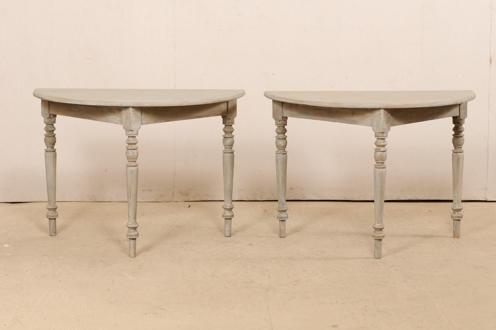 Antique Swedish Demilune Console Tables, Gray with Taupe & Blue Undertones, Pair In Good Condition In Atlanta, GA