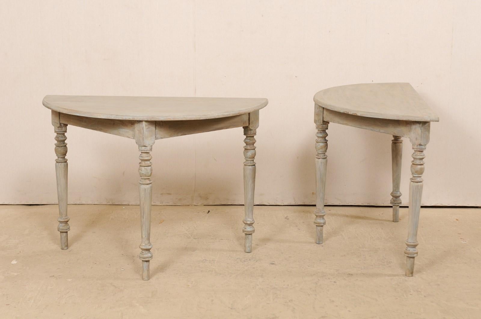 19th Century Antique Swedish Demilune Console Tables, Gray with Taupe & Blue Undertones, Pair