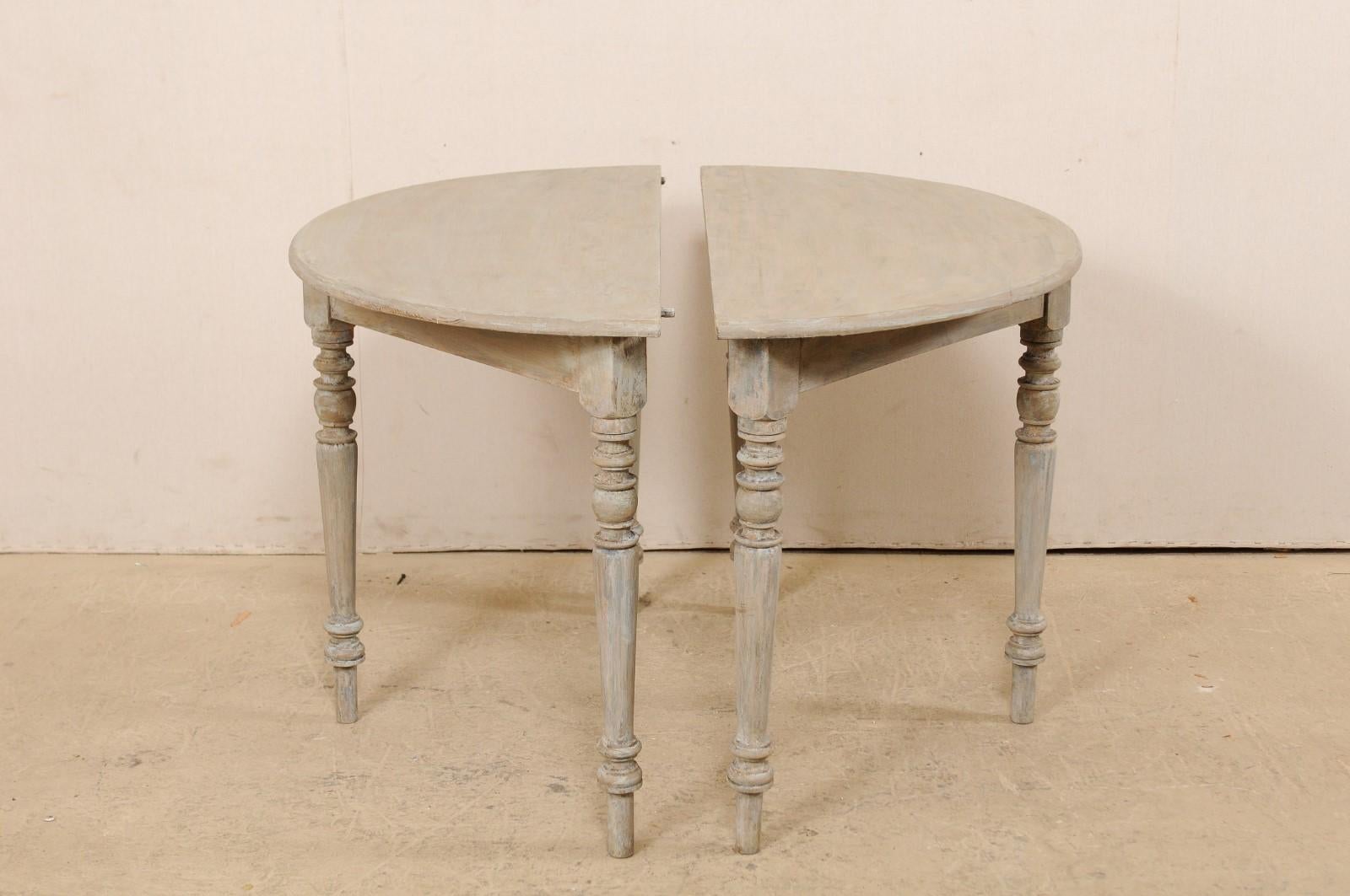 Wood Antique Swedish Demilune Console Tables, Gray with Taupe & Blue Undertones, Pair