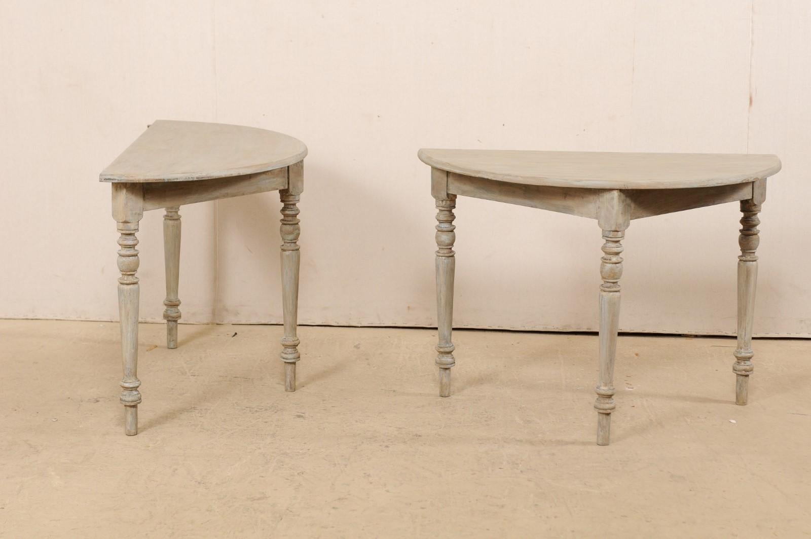 Antique Swedish Demilune Console Tables, Gray with Taupe & Blue Undertones, Pair 2