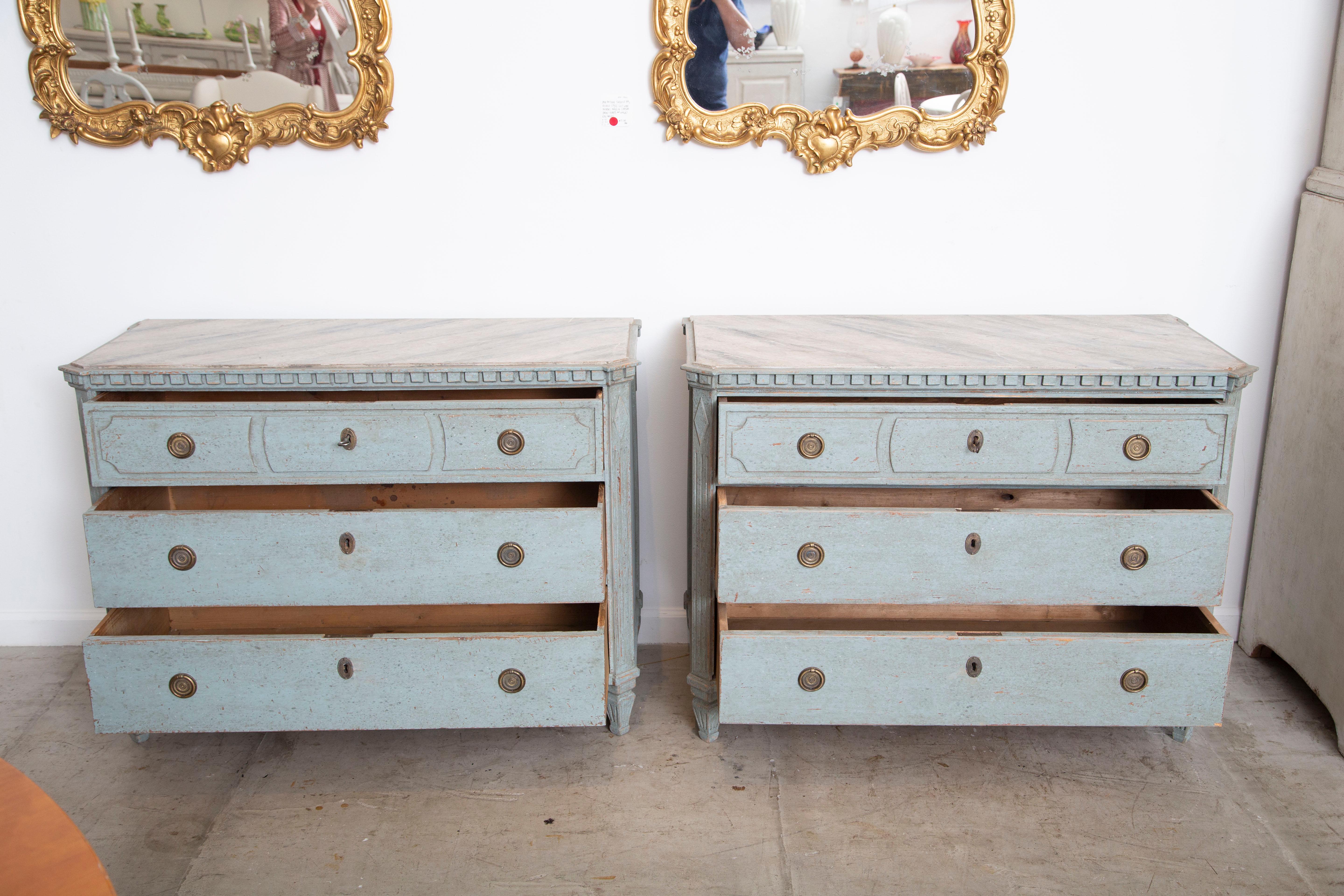 Pair of Antique Swedish Gustavian Style Blue Painted Chests, Late 19th Century 7