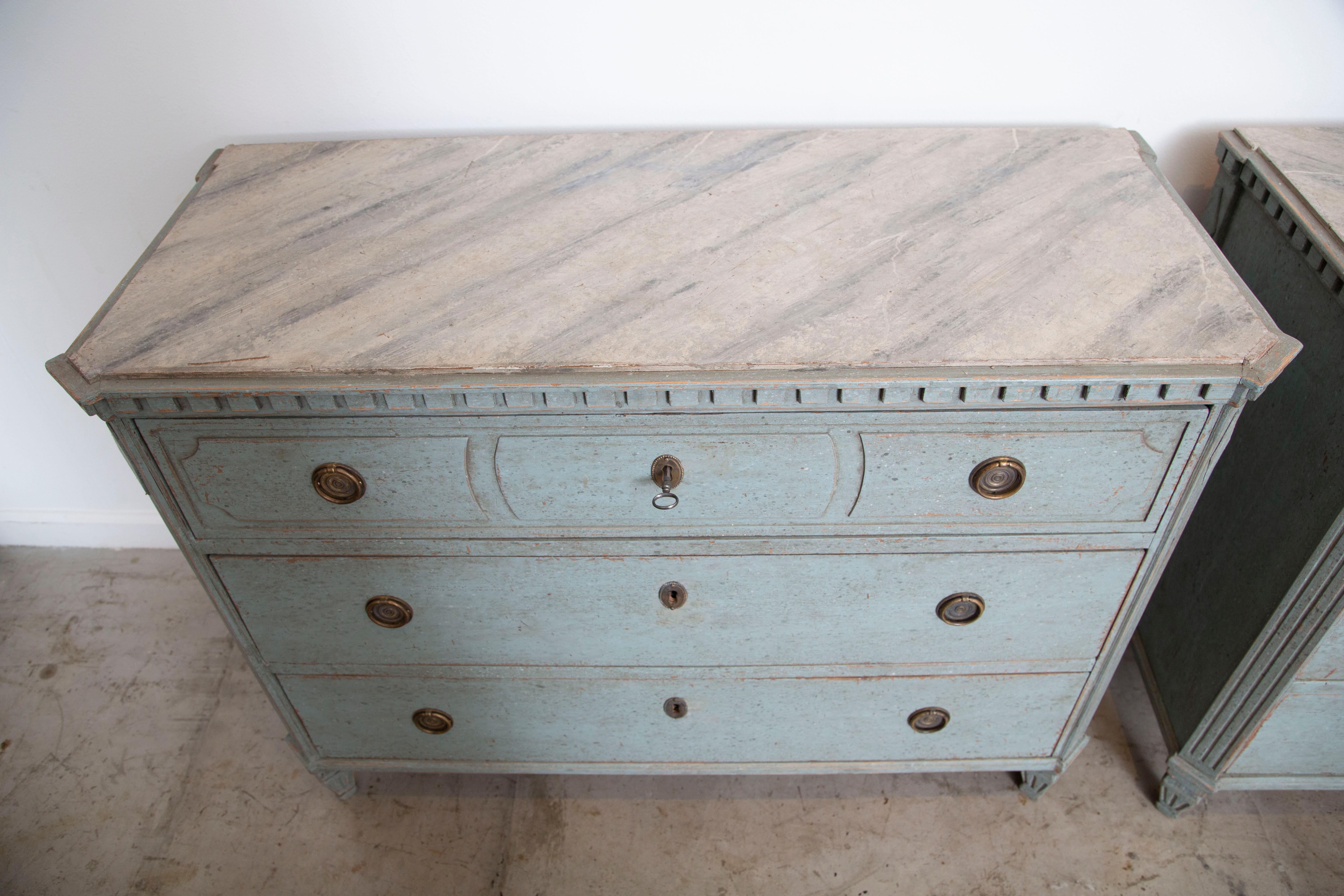 Pair of Antique Swedish Gustavian Style Blue Painted Chests, Late 19th Century 3