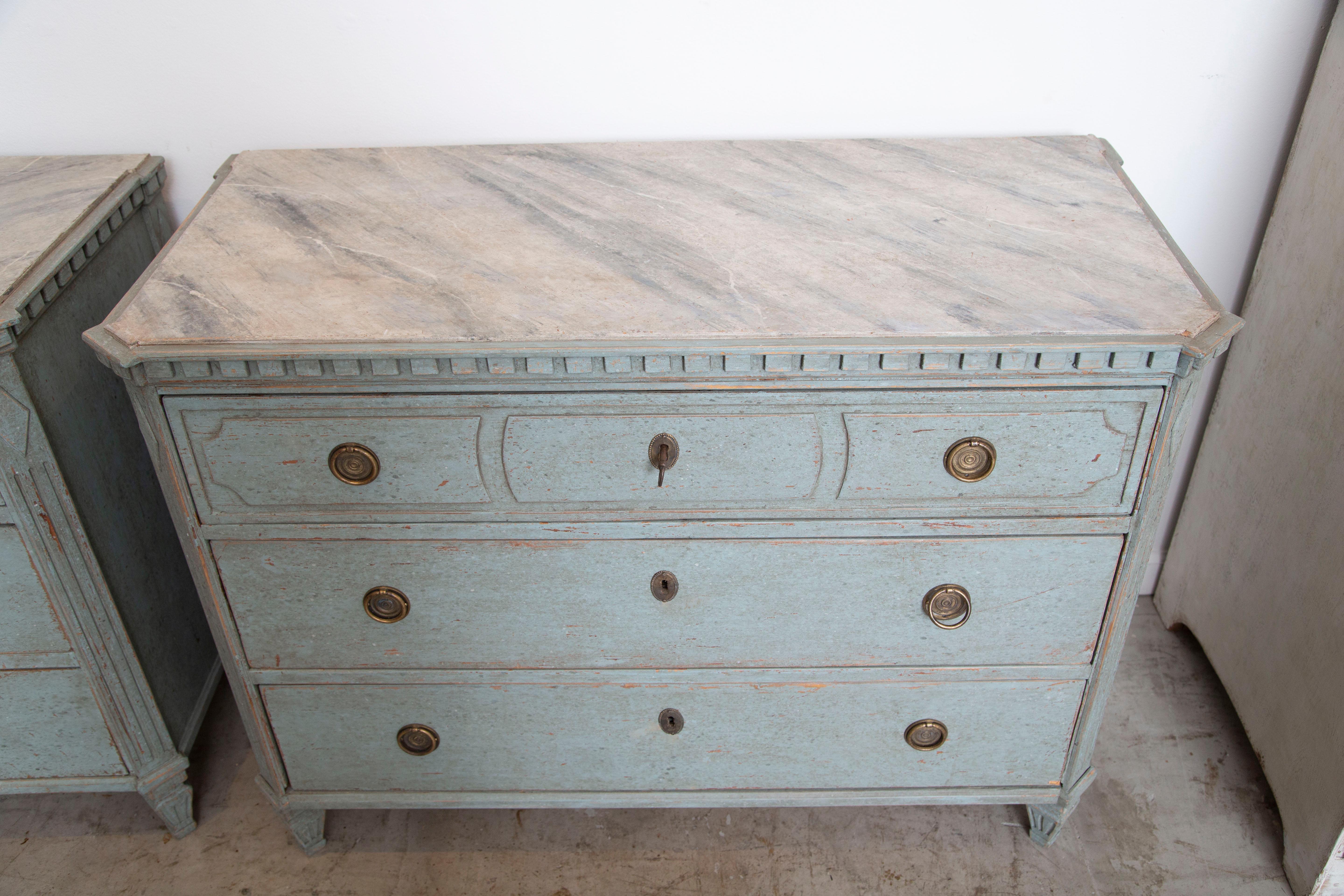 Pair of Antique Swedish Gustavian Style Blue Painted Chests, Late 19th Century 2
