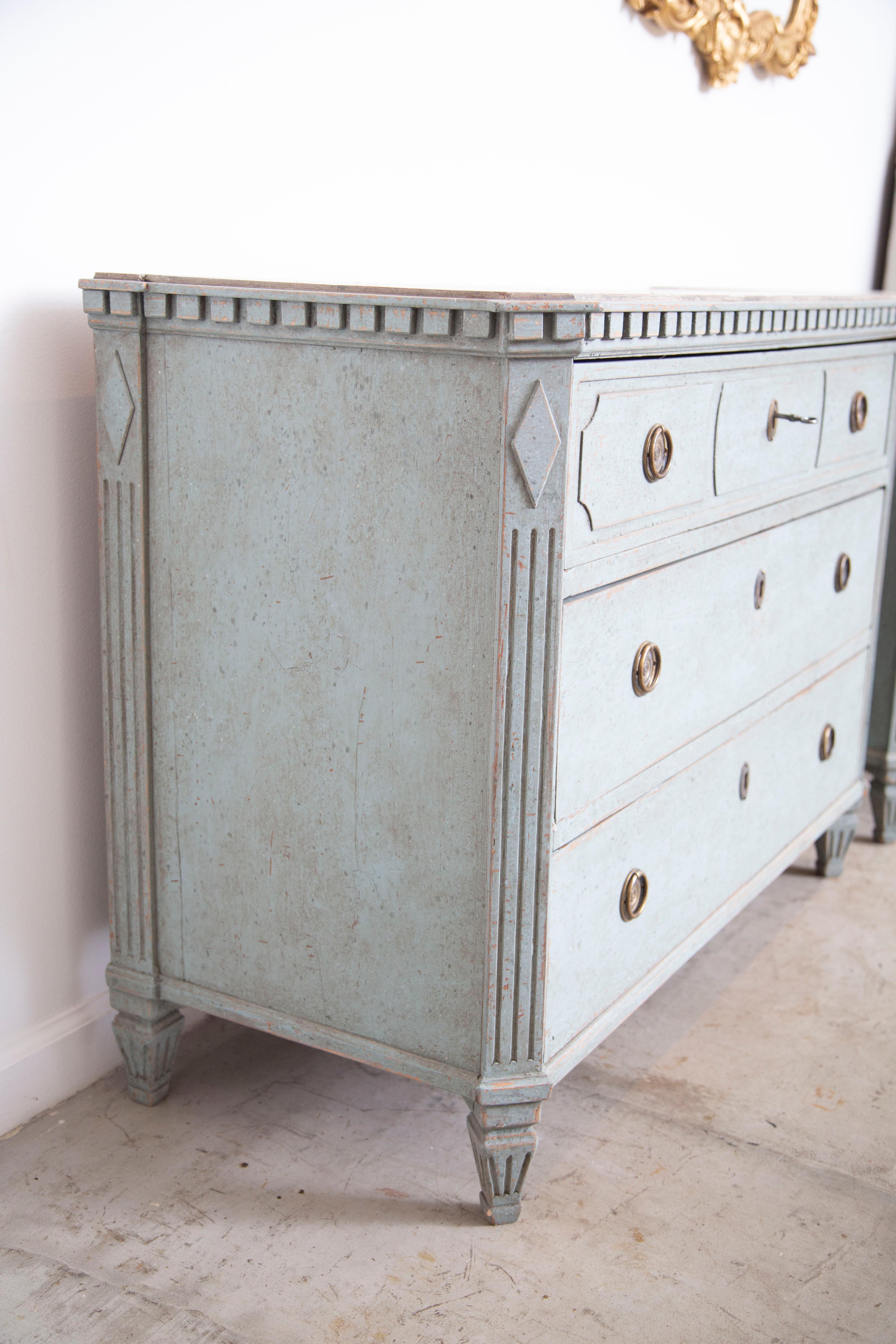Pair of Antique Swedish Gustavian Style Blue Painted Chests, Late 19th Century 4
