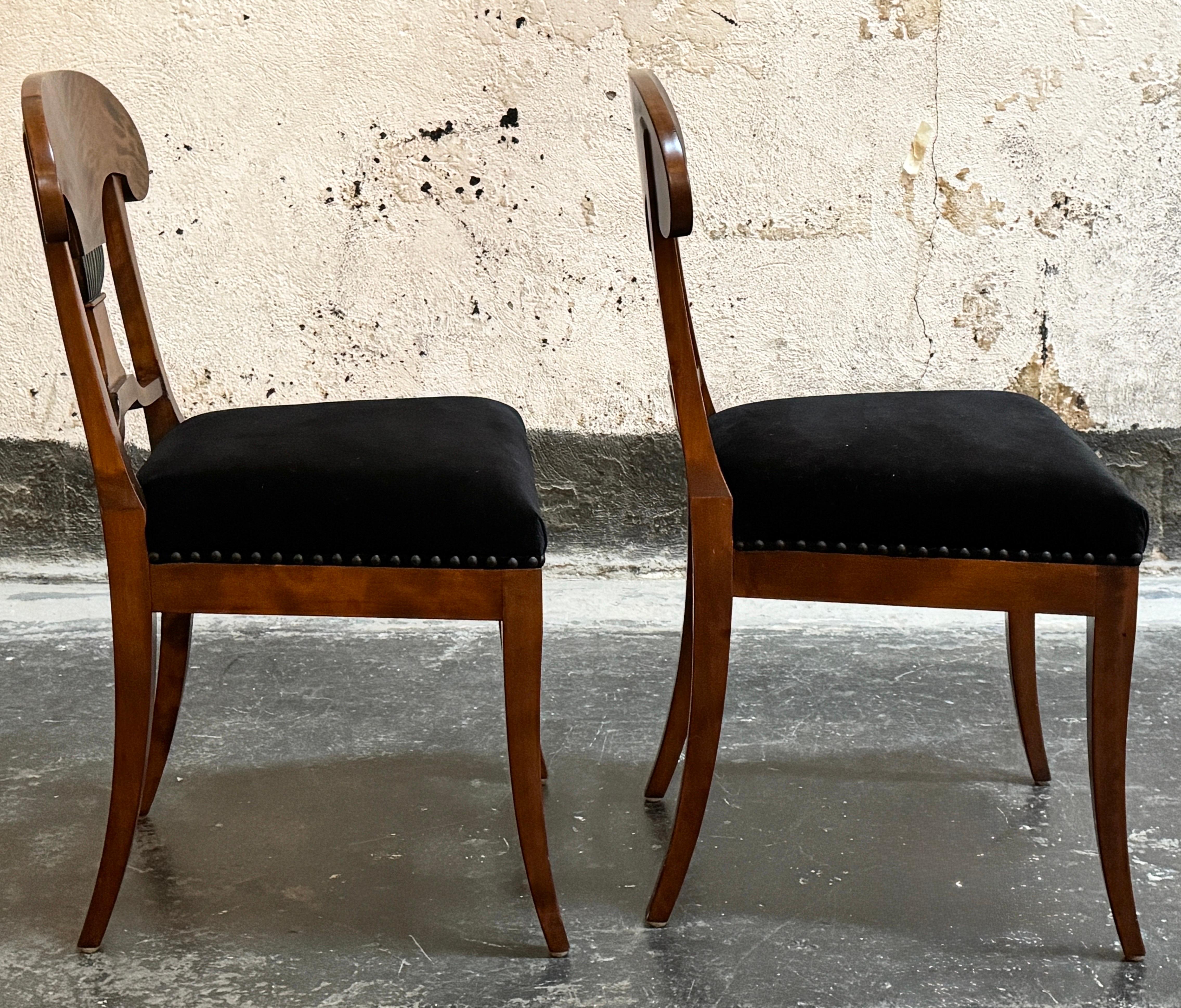 Velvet Pair Antique Swedish Karl Johan Revival (Biedermeier) Chairs - Fully Restored For Sale