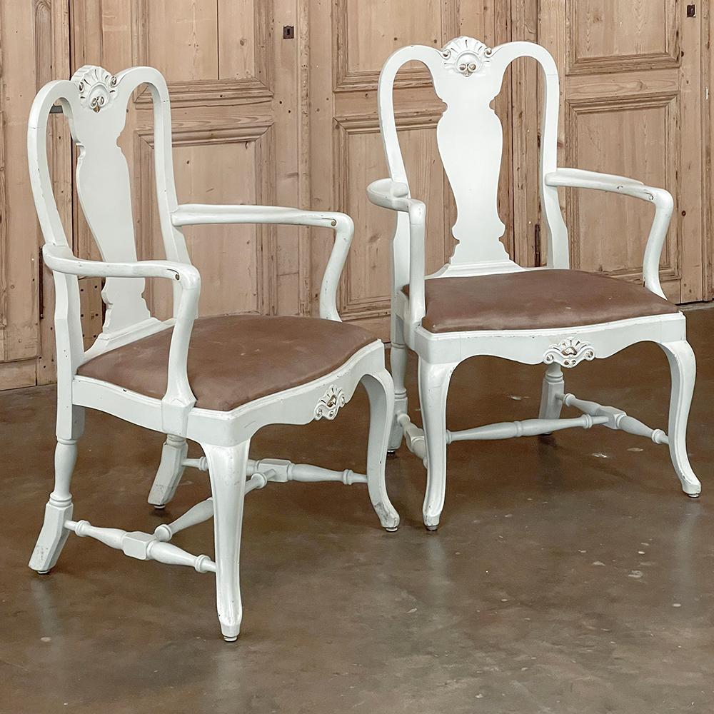 Pair Antique Swedish Painted Armchairs in the Queen Anne Style combine style with subtle elegance and a soft palette perfect for today's more casual decors!  The gracefully scrolled framework includes a double-arched seat back centered with a