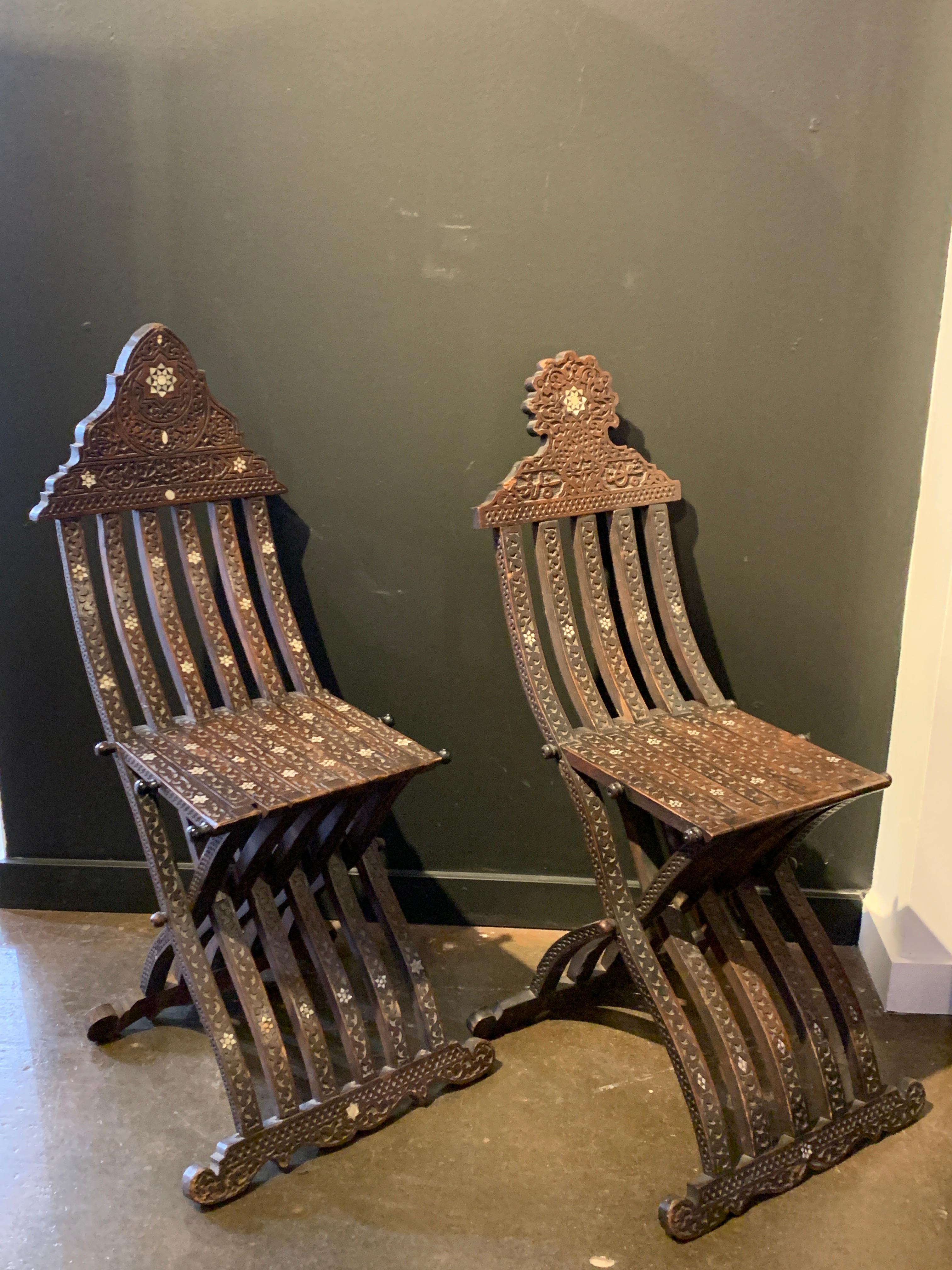 Joinery Pair Antique Syrian Moorish Inlaid Folding Chairs, Late 19th Century, Syria For Sale