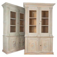 Pair, Antique Tall Blue Painted Book Case Display Cabinets with Glass Doors from