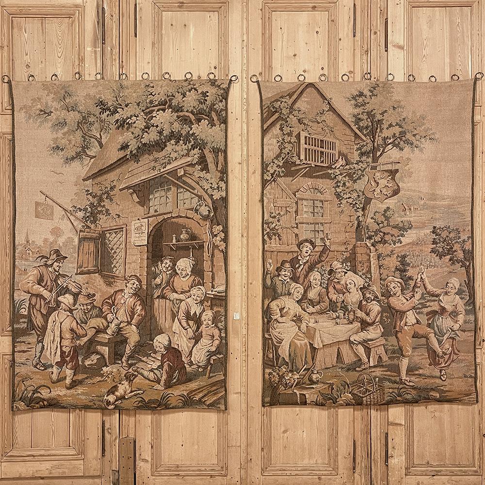 Pair antique tapestries after David Teniers the Younger are designed to display side by side to create a continuous scene. The scene is a delightful rural village setting during a celebration, which was a frequent occurrence that brought the