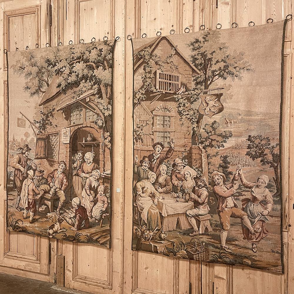 Rustic Pair Antique Tapestries After David Teniers the Younger For Sale