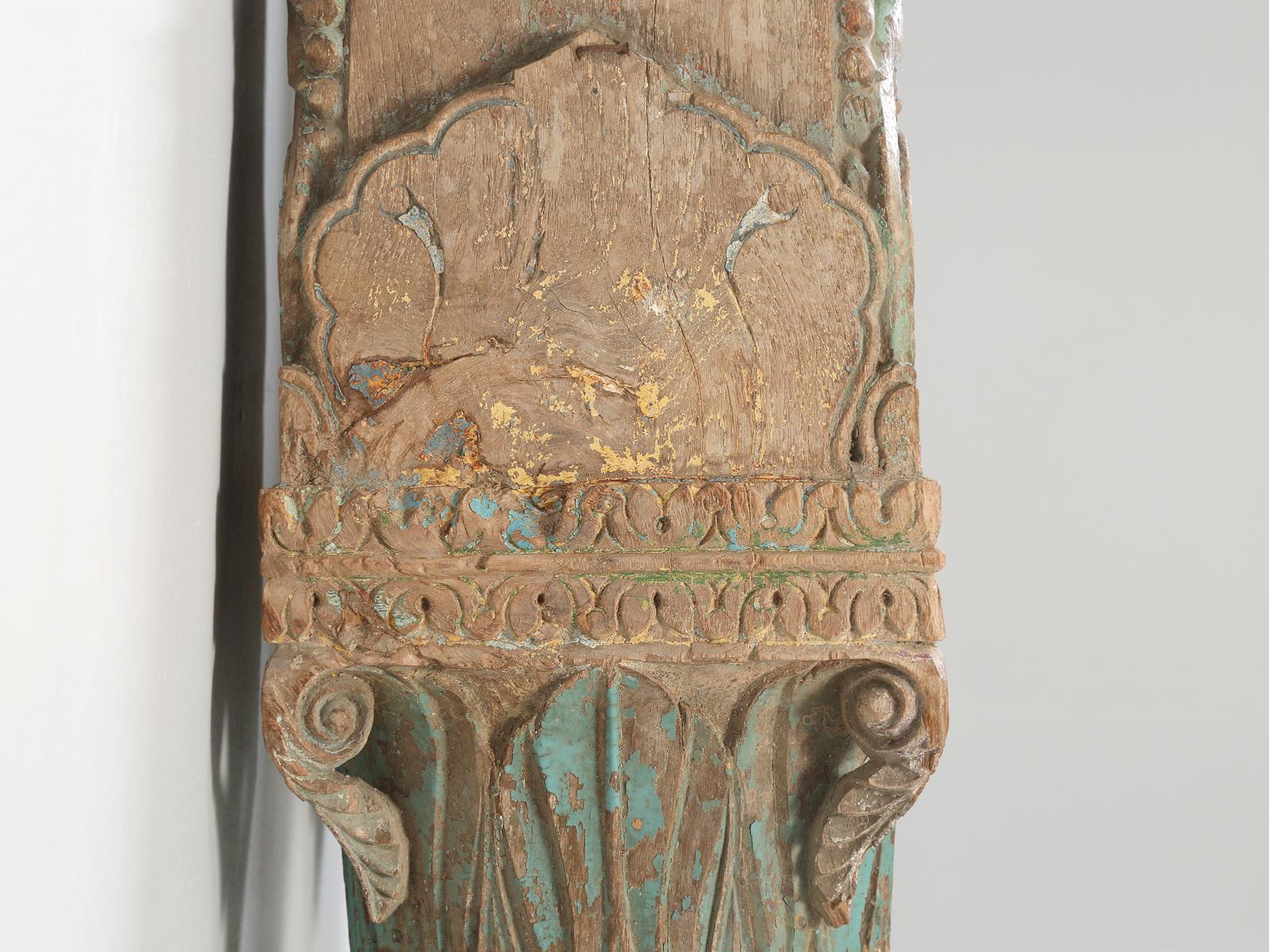 Pair of Antique Teak Wood Columns from India in Old Paint 4