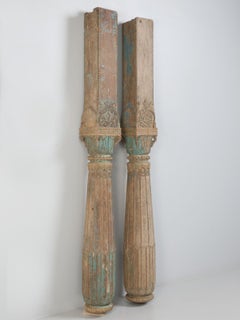 Pair of Antique Teak Wood Columns from India in Old Paint