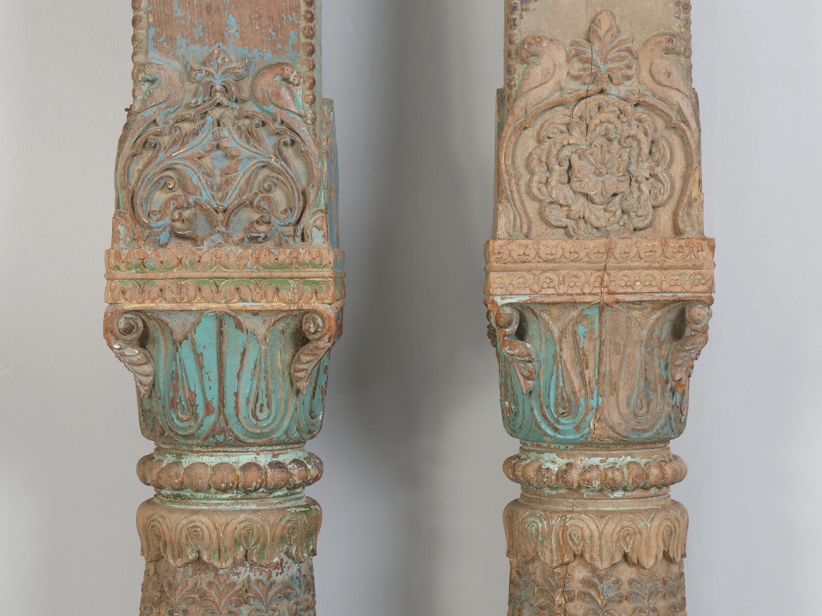 Hand-Carved Pair of Antique Teak Wood Columns from India in Old Paint
