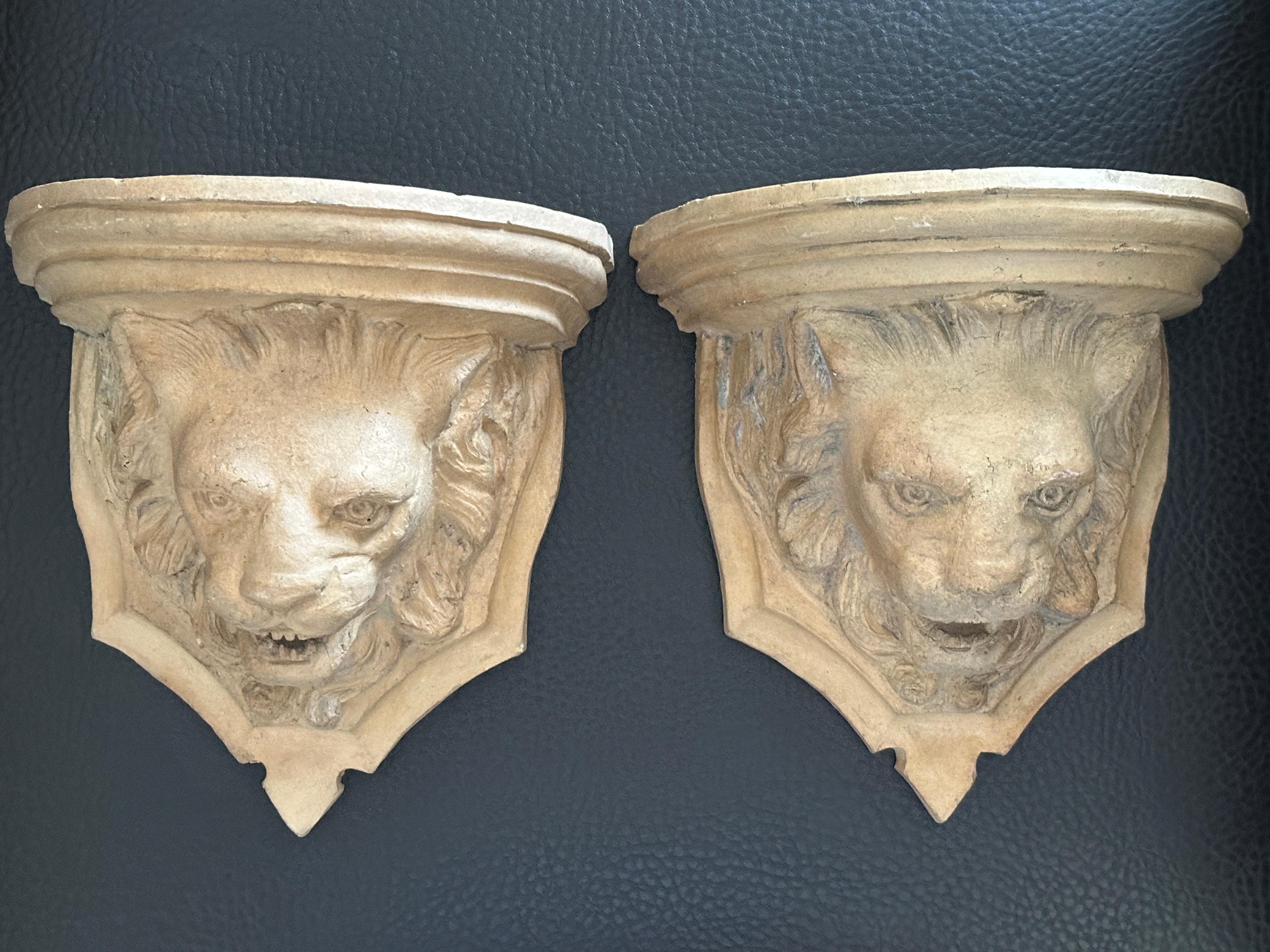 Pair Antique Terracotta Lion Head Wall Consoles Shelves Italy 1910s For Sale 8